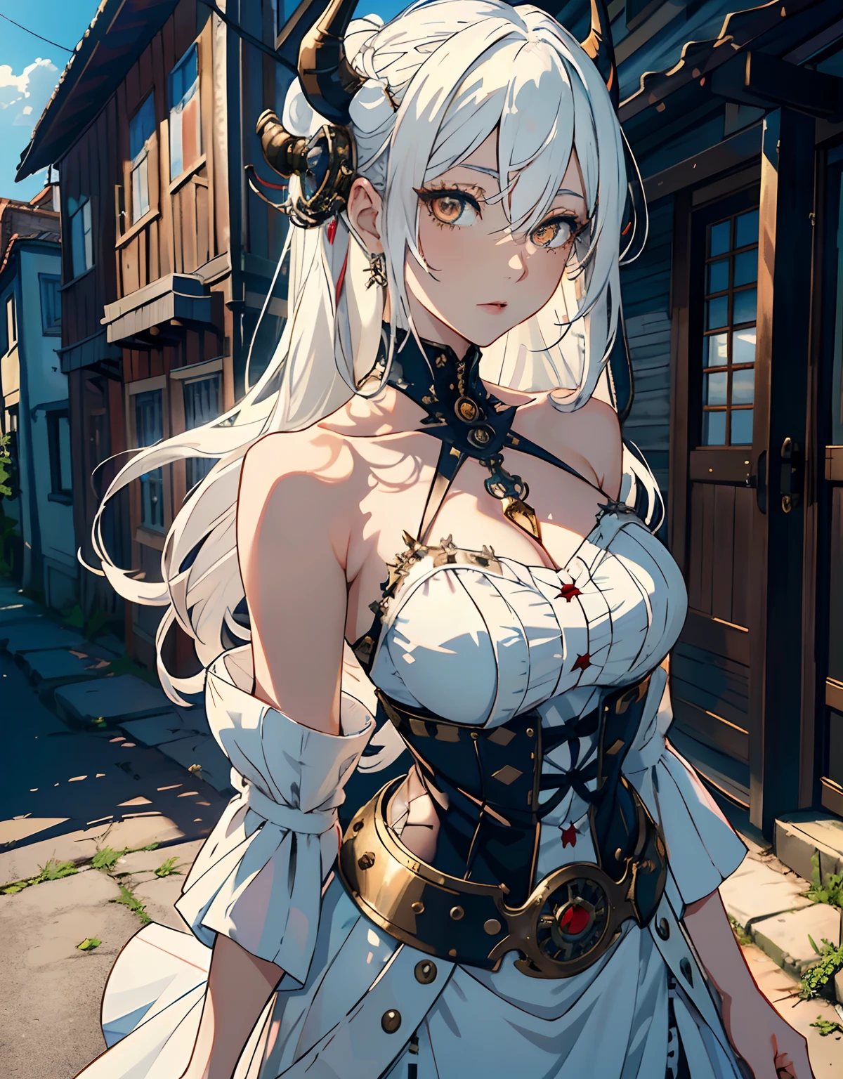 ((masterpiece, best quality)), (1girl, anime girl in the beautiful village, steampunk style),(mature, devil horn), (solo), (female focus), (white hair, long hair),white eyes,((exposed shoulder, long skirt)), pale skin, evil, vicious, portraits, close up, upper body, vibrant colors, soft lighting