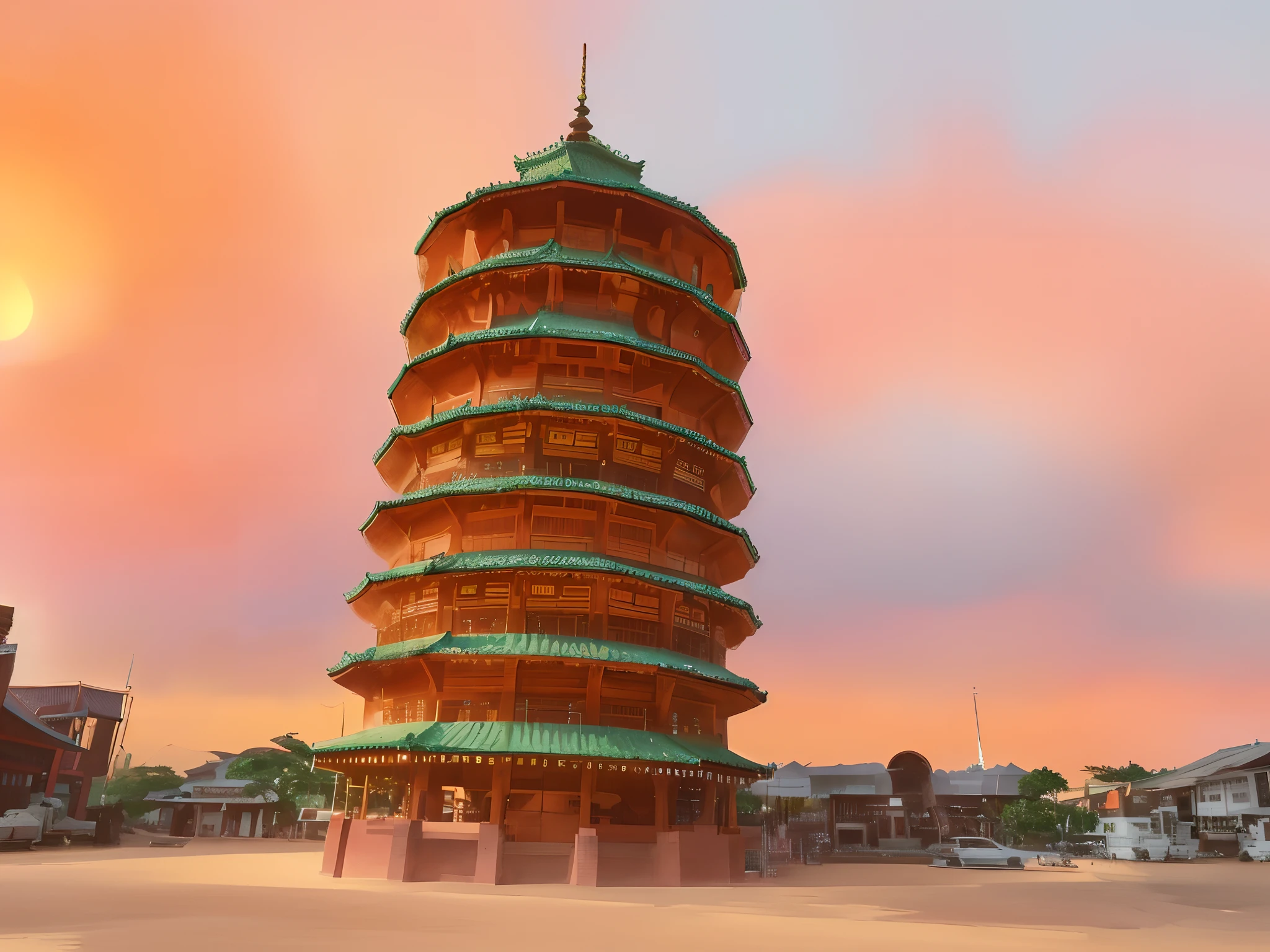 A majestic scene of the Leaning Pagoda of Teluk Intan, standing tall against the backdrop of a colorful sunset. The pagoda is beautifully detailed, with intricate carvings and delicate architecture. The composition highlights its unique lean, creating a sense of wonder and intrigue. Soft tones and clean lines bring out the beauty of this historical landmark, showcasing anime realism in a perfect illustration