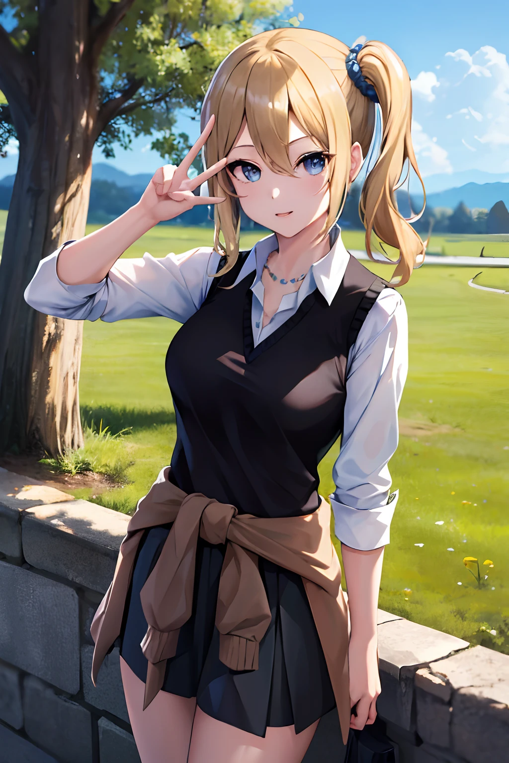 masterpiece, best quality, highres, aahayasaka, side ponytail, medium breasts, necklace, collared shirt, black vest, sleeves rolled up, clothes around waist, black skirt, outdoors, standing, cowboy shot, peace fingers,perfect hands,perfect fingers