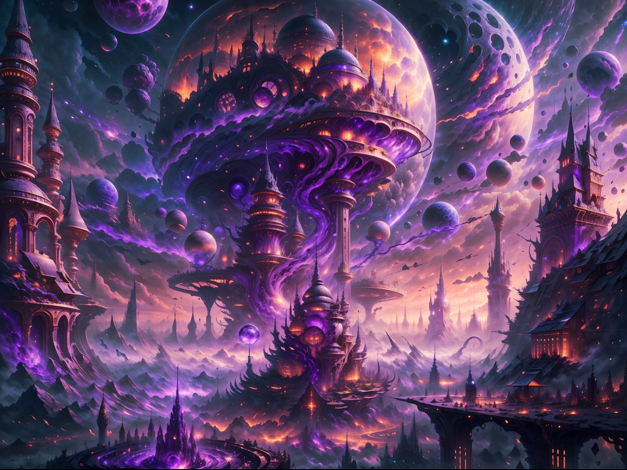 ((master piece)), best quality, (8k, best quality, masterpiece:1.2), ultra-detailed, illustration, big fantasy city, Science fiction, ethereal city, Floating city, many planets in the skies, clouds around, celestial architecture, purple energy scarring around,castle in the center, astral skies