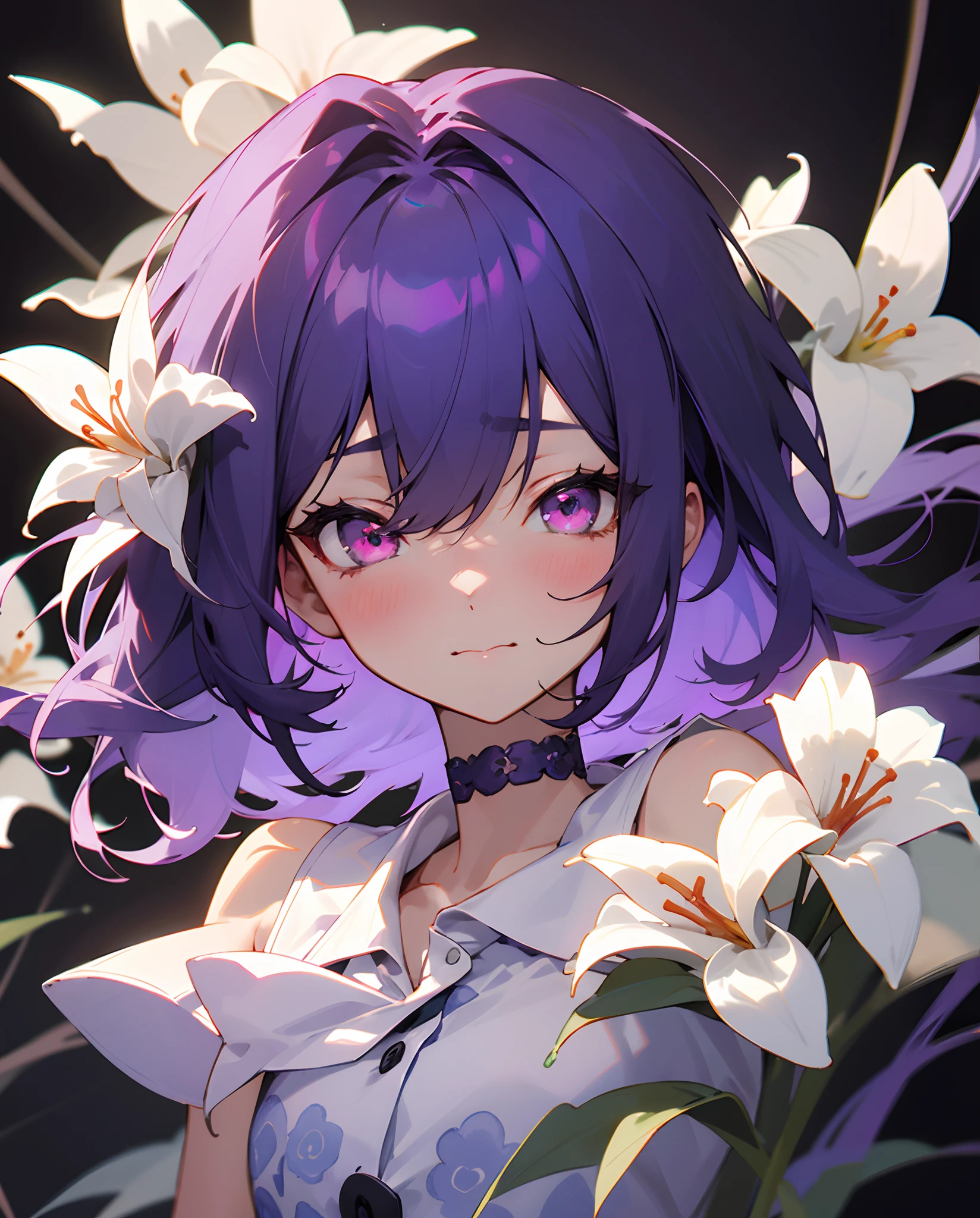 best quality, ultra high res, 1girl, sleeveless white button shirt, white flower blue pink pattern dress , black choker, (aegyo sal:1), (purple hair:1), ((puffy eyes)), looking at viewer, half body, facing front, crimson eyes,detailed eyes