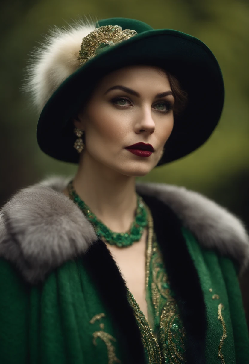 Portrait model wearing a green Chanel embroidered 1920s dress and fur coat