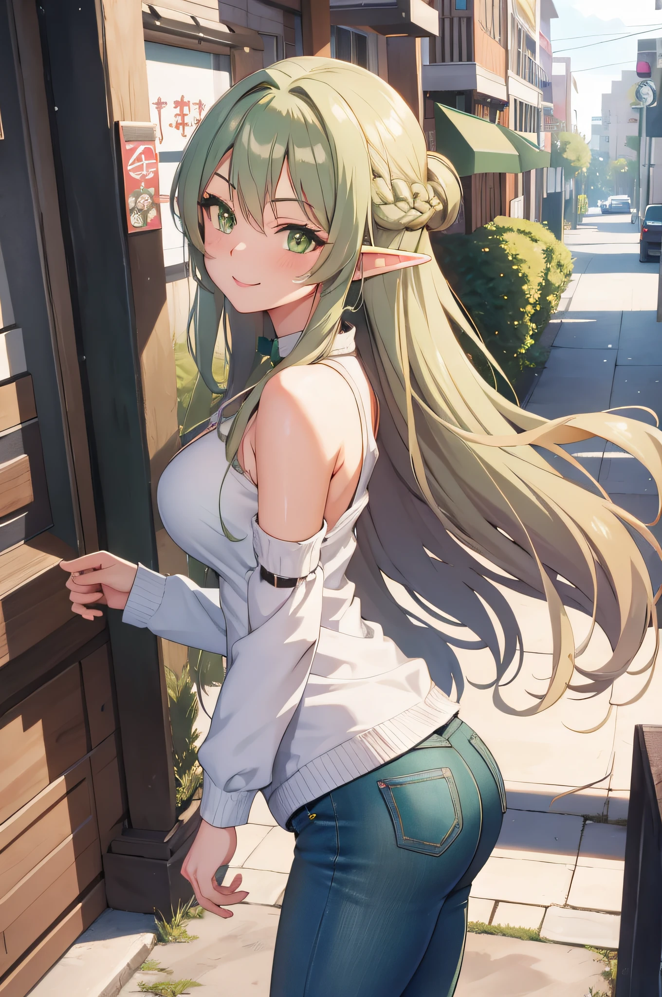 (masterpiece, best quality, detailed) ,1girl, highelfarcher, high elf archer, elf, (green eyes:1.5), (green hair:1.2), hair between eyes, long hair, pointy ears, sidelocks, jeans walking down the street,cute anime girl, pretty anime girl, smooth anime cg art, beautiful anime girl, attractive anime girl, ecchi anime style, seductive anime girl.teasing smile, clean detailed anime art,high resolution, (perfect hands, perfect anatomy),