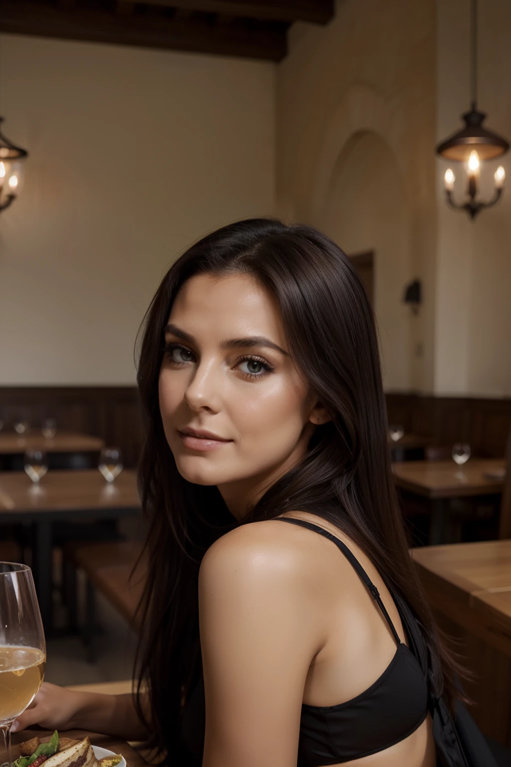 visage, long_cheveux, magnifique, fille, clivage, occidental, haut noir, Fille chaude, Lunch, content, alcool