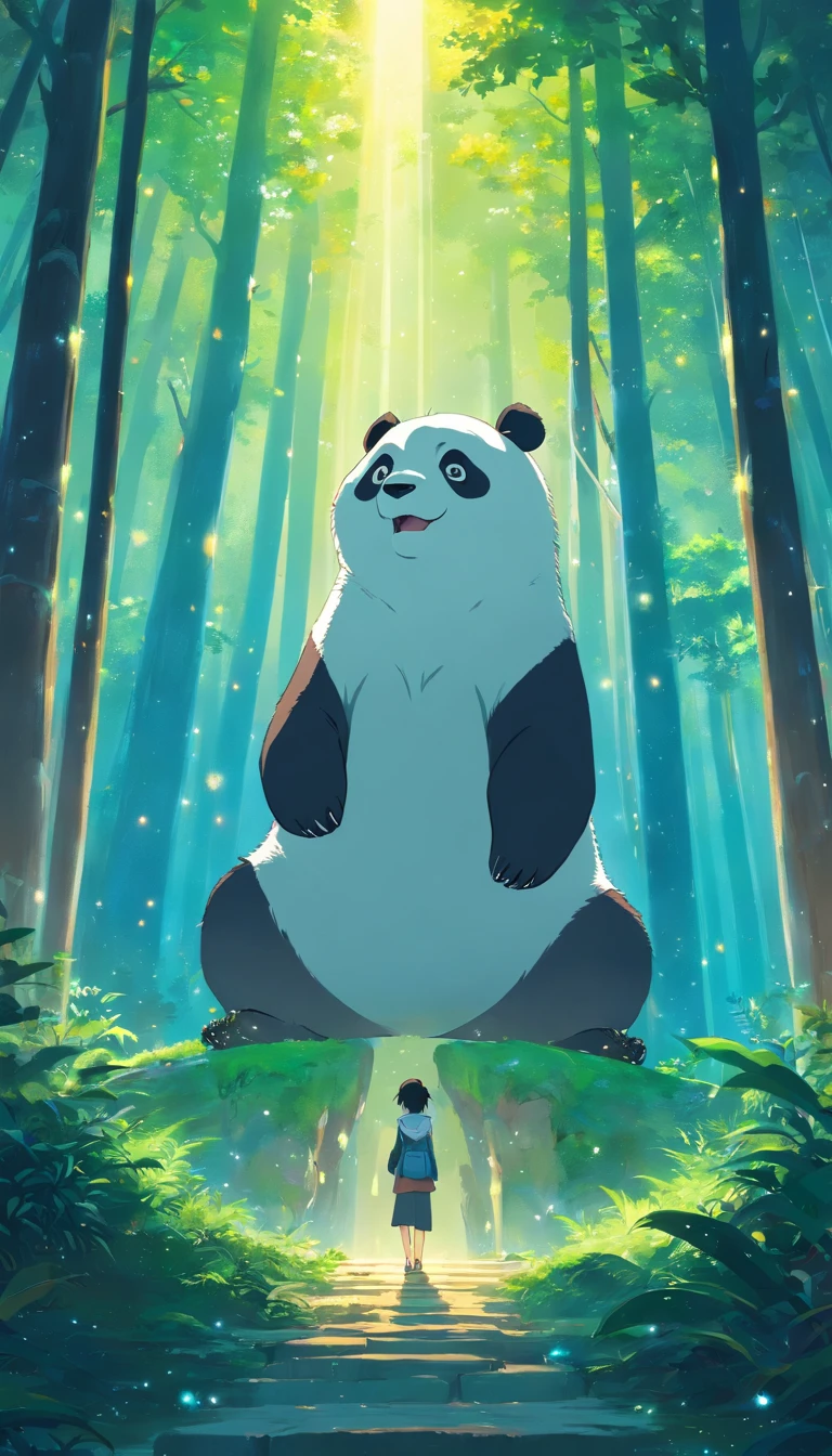 obra-prima, melhor qualidade, filme ainda, 1panda, panda nuvem, surfando no mar, brilhante, Feliz, Soft lighting and Warm, noite, A panda in a forest looking up at the starry sky pointing at the stars with its back turned, Starry sky, (Sparks: 0,7)
