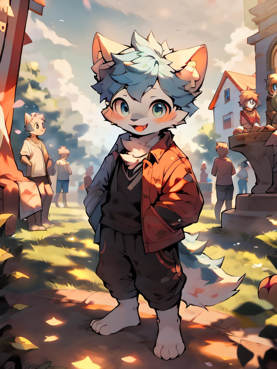 (Best quality,8K,A high resolution,Masterpiece:1.2),male people,Q version of the blue-haired wolf character,, In a detailed and vibrant background, (Solo),(light blue attire,Barefoot:0.6),Looking at the audience, looking from above, There are rainbows,(Warm light source:1.2), In the lively park, Peach blossoms bloom,With an expression of joy, Stick out your tongue,Don't wear any pants