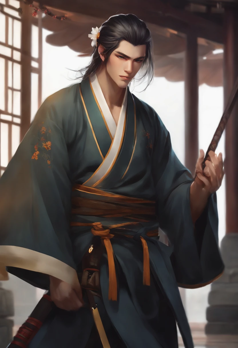 personagem de anime elfo masculino, com cabelo preso de cor escura estilo samurai, olhos azuis, vestindo um chapeu de palha e vestindo em uma yukata amarela orientais em uma cidade japonesa , gama murata e Artgerm, Artgerm e Atey Ghailan, Artgerm extremamente detalhado, Arte no estilo de Guweiz, por Yang J, Stanely Artgerm, Modelo IG | Artgerm, Estilo de Stanley Artgerm