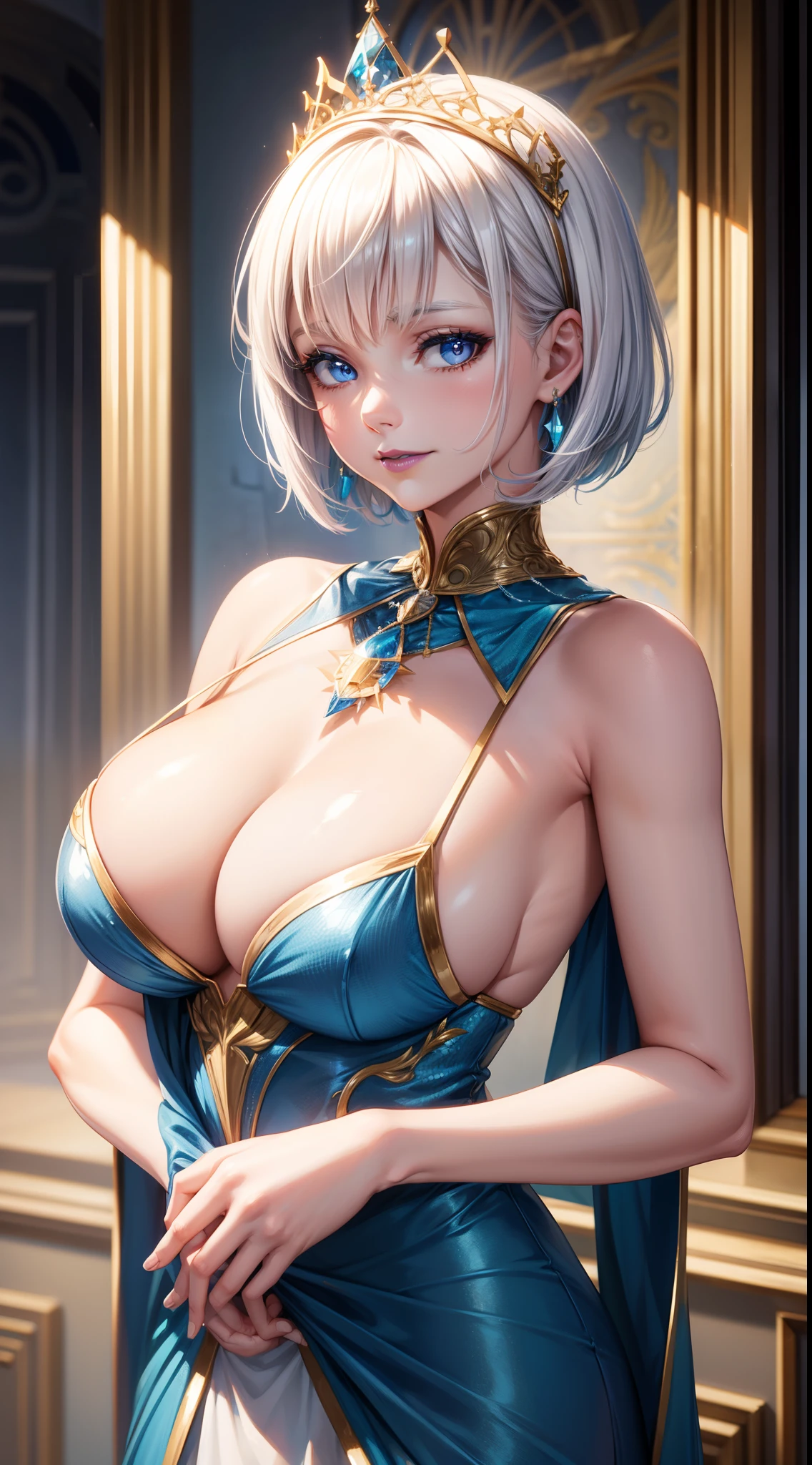 Adult woman, short white hair, blue eyes, ssmile, blue lipstick, The Queen's Transparent Dress, Gold Elements, Sleeveless, big breastes, open breasts, neckline on the chest, hiquality, 4k, HD, Good detail
