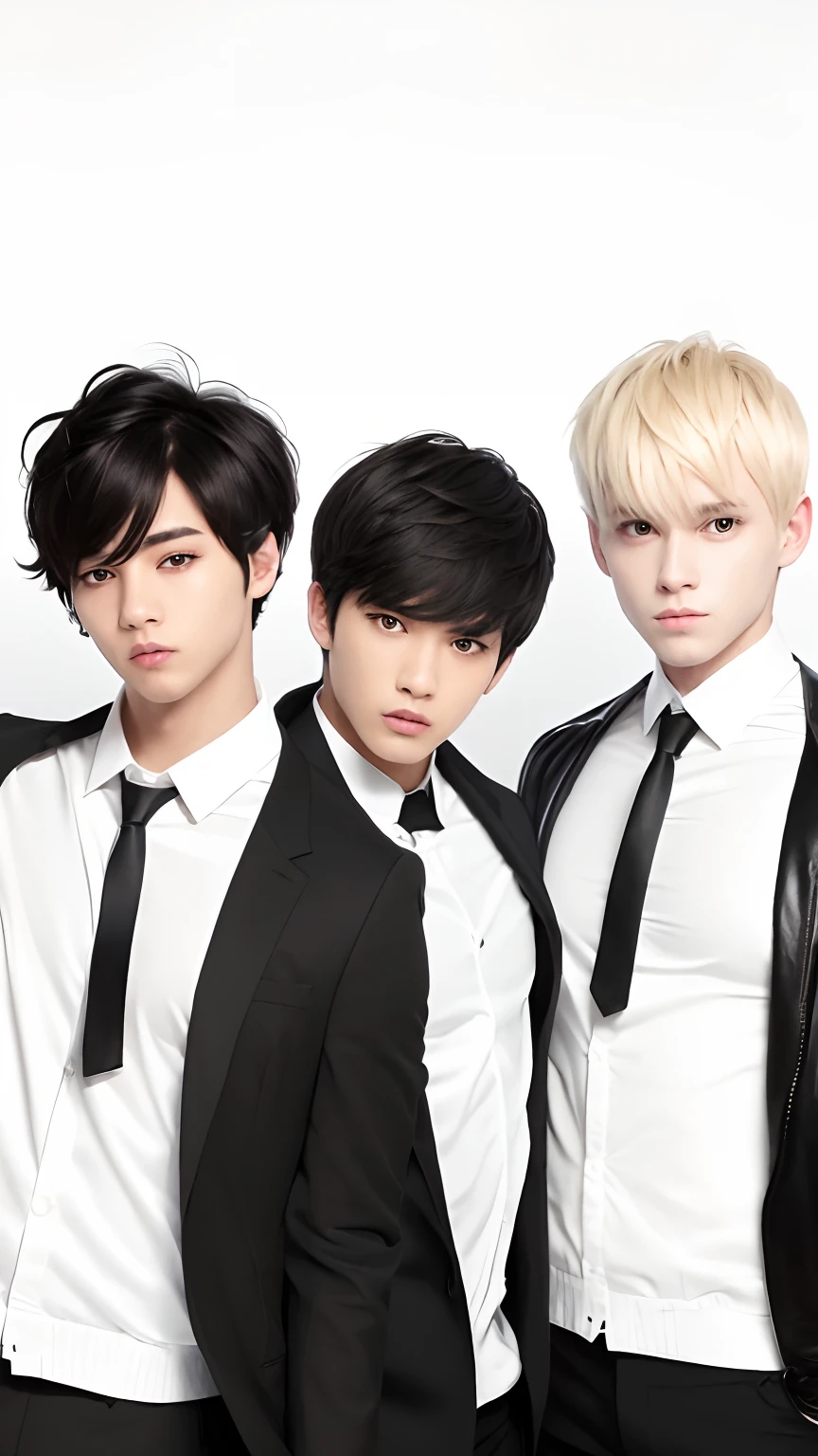 3boys, 2black hair, 1yellow hair, 3 white and black jacket, handsome, realistic, ultra detail, 70mn lens