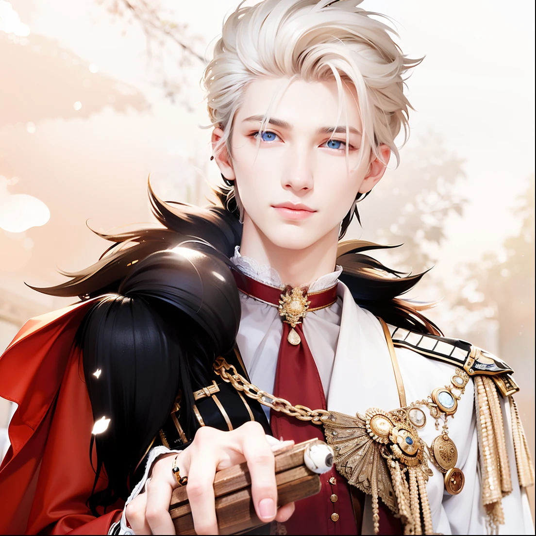 masculine male, masterpiece, ((perfect eyes)) best quality, (semirealism:1.9), beautiful lighting, (extremely detailed CG unity 4k fhd wallpaper), High Detail, Sharp focus, dramatic outdoors, 1 boy ,19 years old, white hair, light purpel eyes, smile.