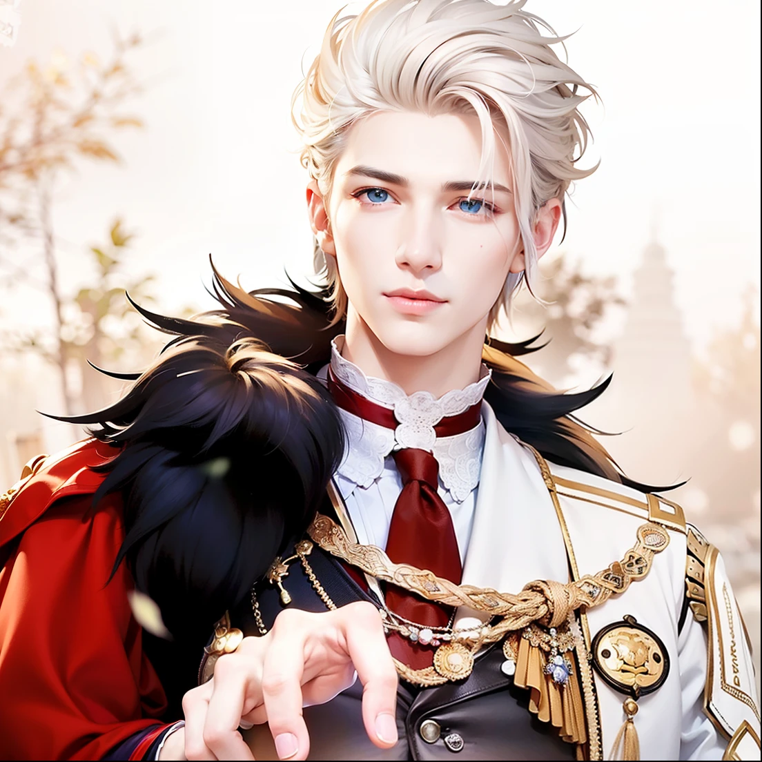 masculine male, masterpiece, ((perfect eyes)) best quality, (semirealism:1.9), beautiful lighting, (extremely detailed CG unity 4k fhd wallpaper), High Detail, Sharp focus, dramatic outdoors, 1 boy ,19 years old, white hair, light purpel eyes, smile.