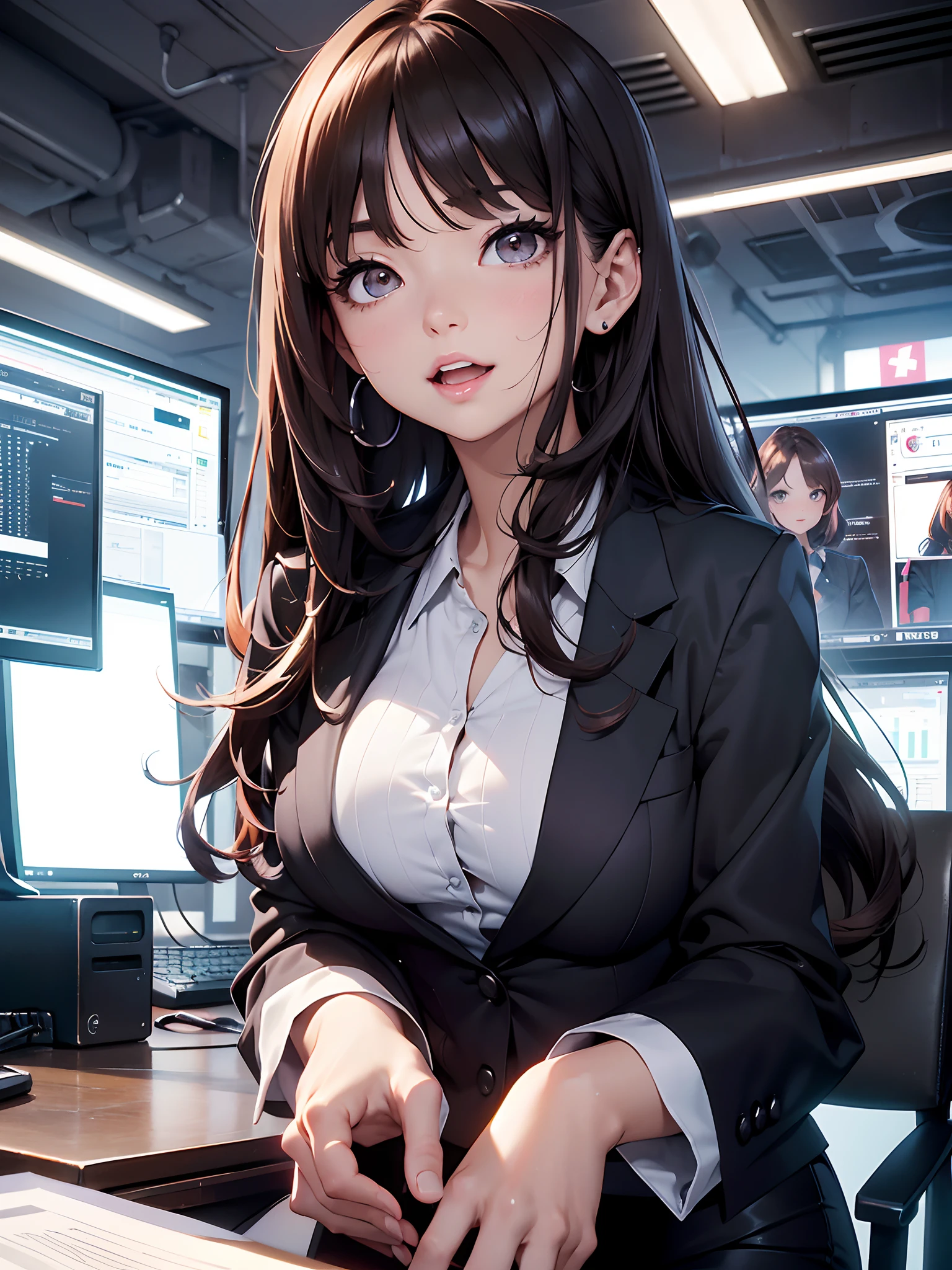masterpiece、High resolution 8K、NSFW、foco nítido、Contrast lighting、Detailed skin、masutepiece、 top-quality、The ultra -The high-definition、超A high resolution、extremely details CG、subject,full body side shot、stock exchange、Office room、Large number of large monitors、Computer on desk、trading、documents、stock、Chart screen、Female OL、Woman sitting on chair、beautidful eyes、(detailed faces and eyes、(faces:1 2)、Almond Eye、Brown eyes、highlight in eyes:1.2)、(red brown hair、midiam、asymmetrical bangs)、(ID Card Strap)、(Office Clothes、Black Blazer、White cutter shirt、Black Pencil Skirt、pumps)、(gross、Glossy lips、Small breast size) 、(oval-face : 1.4)、(Fine fingers、detailed arms、detailed human hands)、Laughing、Open mouth、teeth showing
