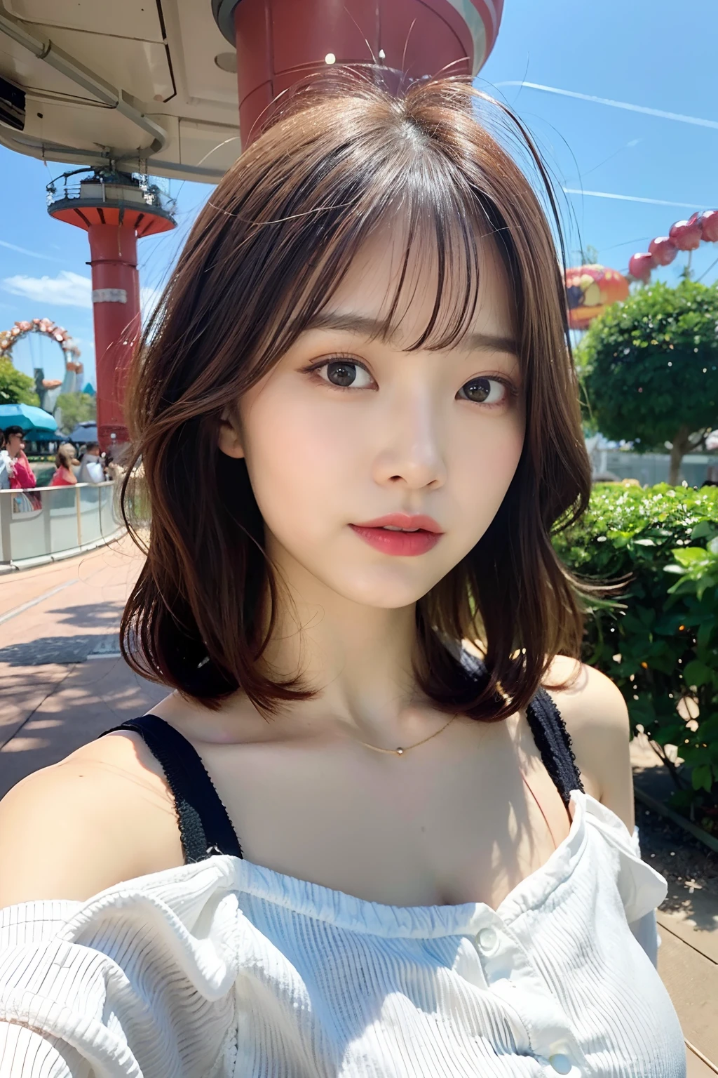 top-quality、超A high resolution、Photorealsitic、1 Idol Girl、with round face、White lace loose shirt emphasizing off-shoulder chest、tight skirts、Amusement park roller coaster in the background、Take a selfie with the camera in one hand、Footage taken with your own camera、selfie photo、(Red-brown wavy bob cut hair、Floating hair)、huge-breasted、Selfie close-up、Look at viewers、