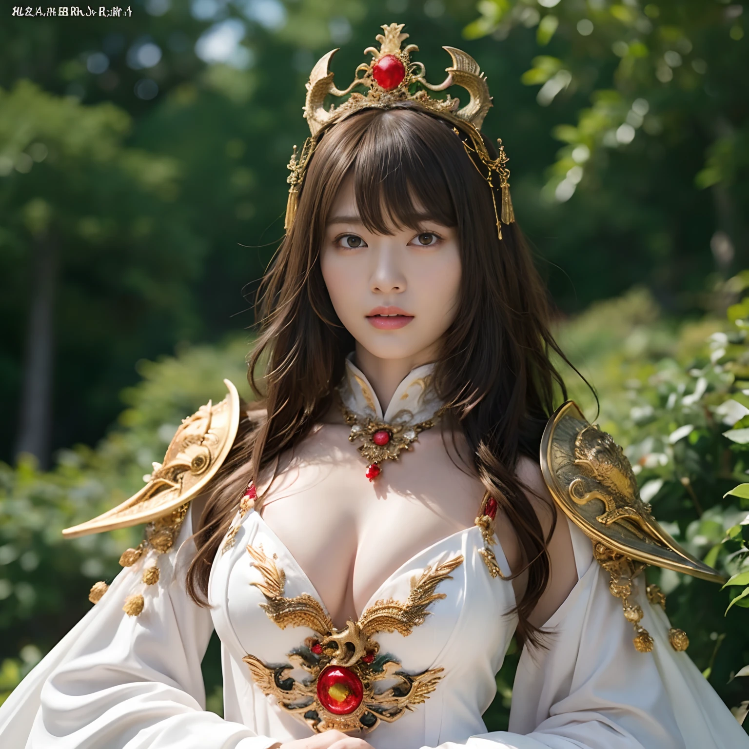 (Fight fiercely with dragons)、top-quality、​masterpiece、超A high resolution、（White Dragon Armor）、dragon armor、(Wearing a beautiful crown made of jewels),(Photorealsitic:1.4)、Raw photo、女の子1人、Golden hair、glowy skin、(((Chinese Dragon)))、（Gorgeous Jewelry Necklaces）、（Mystical expression）、（Fight big dragons）、With a beautiful knife、（White Metal Bodysuit）、(beautiful forest background)、Precipitous cliffs、(Small LED)、((super realistic details))、portlate、globalillumination、Shadow、octan render、（One-Eyed Scouter）、8K、ultrasharp、Colossal tits、Raw skin is exposed in cleavage、metals、Details of complex ornaments、Japan details、highly intricate detail、Realistic light、CGSoation Trends、Red Eyes、radiant eyes、Facing the camera、neon details、(Mechanical limbs)、(blood vessels connected to tubes)、Mechanical vertebrae attached to the back、mechanical cervical attaching to neck、(Wires and cables connecting to the head)、Gundam、Small LED、,Mechanical thighs、Toostock、（Hands are also made of machines）、（veils）、