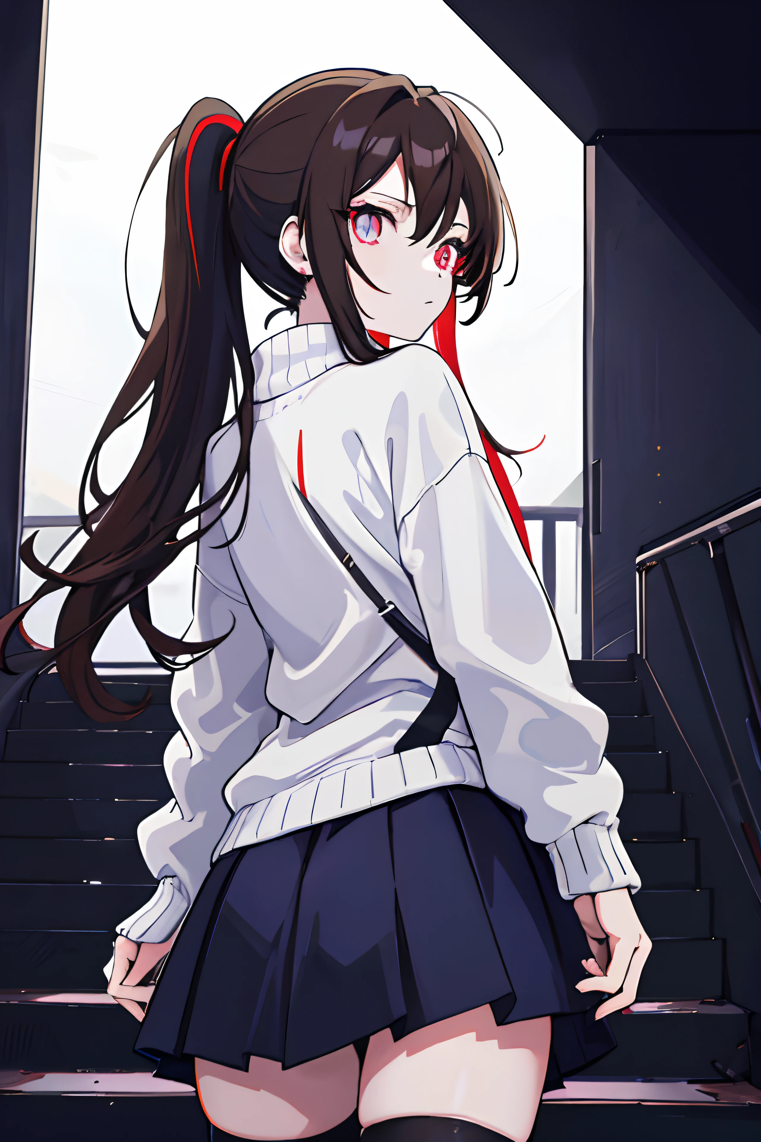 anime girl, brown hair, pony tail, long hair, looking back, climbing up the stairs,multi colored eyes , blue eye, red eye, thigh highs, skirt, reaching out to you, backshot, white sweater, night sky, dark lighting, glowing eyes,