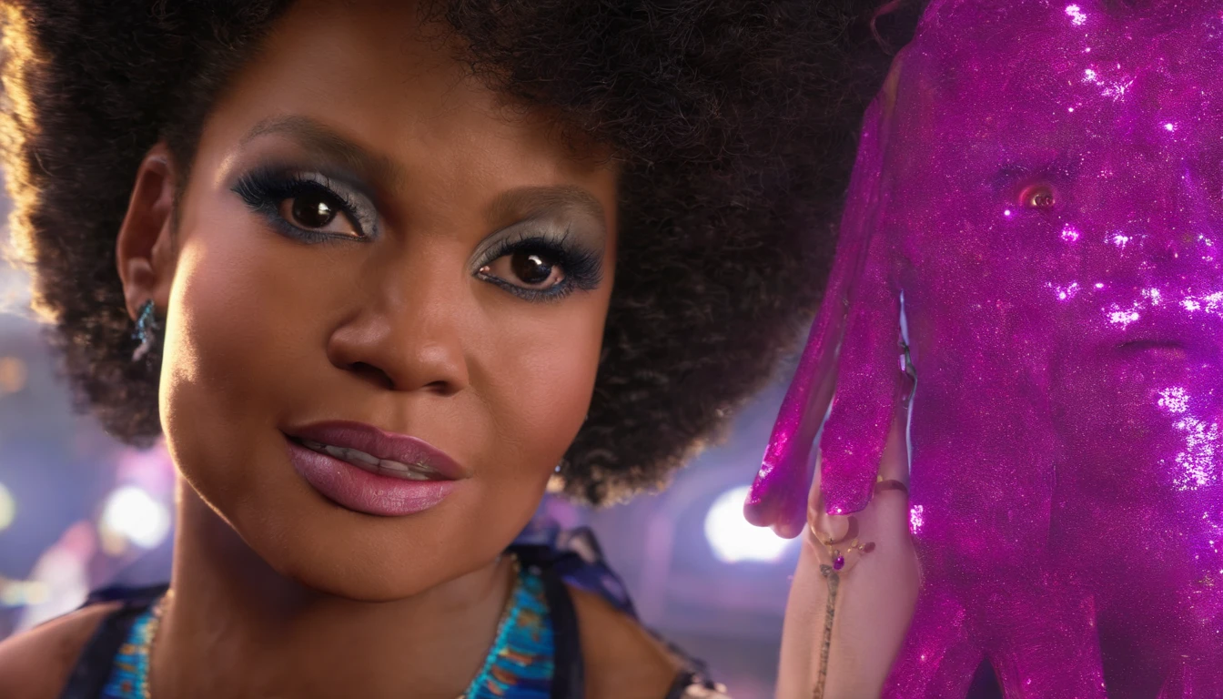 4k, High resolution, La mejor calidad, obra maestra, colores perfectos, perfectamente sombreado, Perfect lighting, mujer hermosa pelo afro style of 80's bola de discoteca Estudio 54.