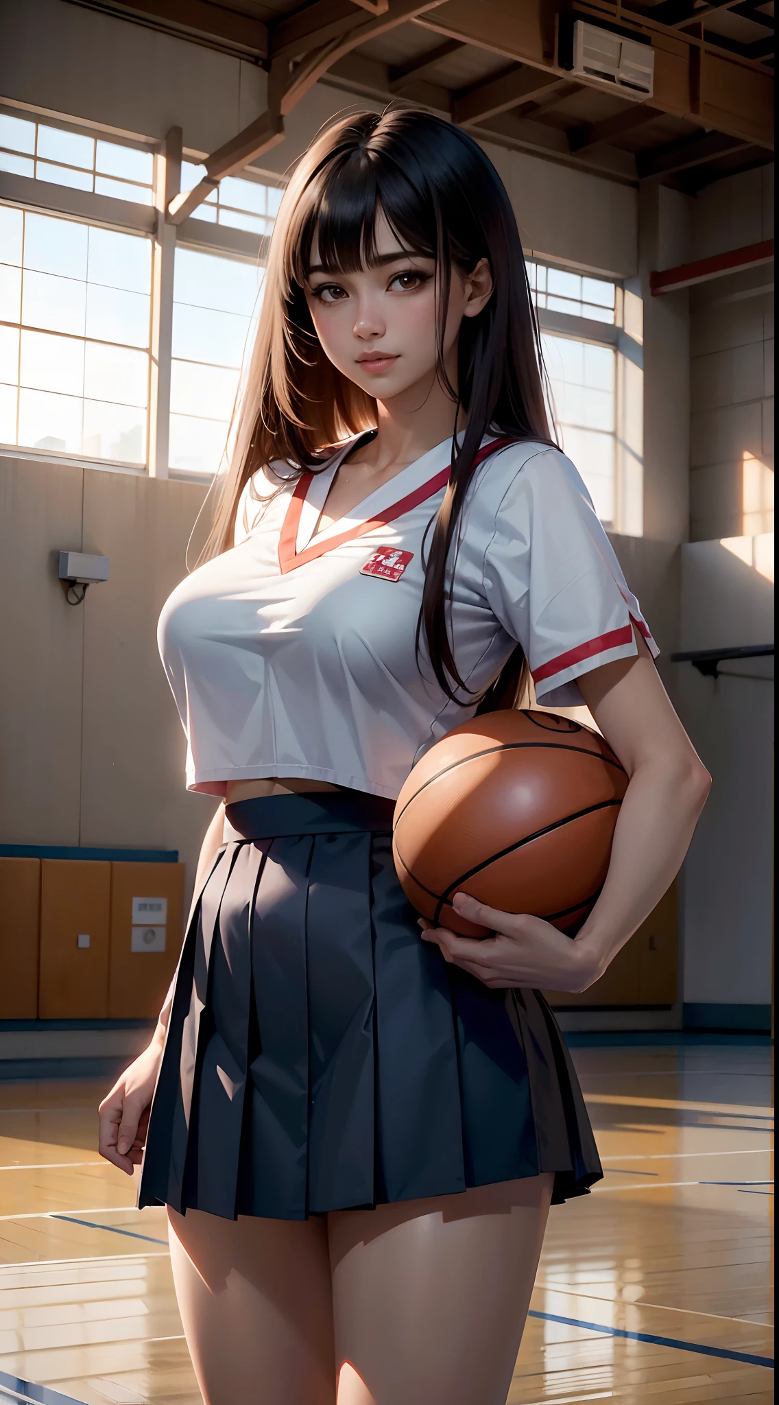 (masterpiece), (highest quality), (Very detailed), At the basketball venue, 1girl, blush, ((Lifting the basketball uniform:1.4)), Happy, View here, Big Hair, Brown Hair, shy,((slender)) ,anxiety, blush, smile, the body is slim,(Shiny skin), from the front, From above,Long wet ears, ((topless:1.4)),(Sit with your legs apart)、Raise your knees、Bend your legs、Full body photo、(Focus on the groin)、Exposing thighs、Keep your buttocks on the floor、(white thong),
