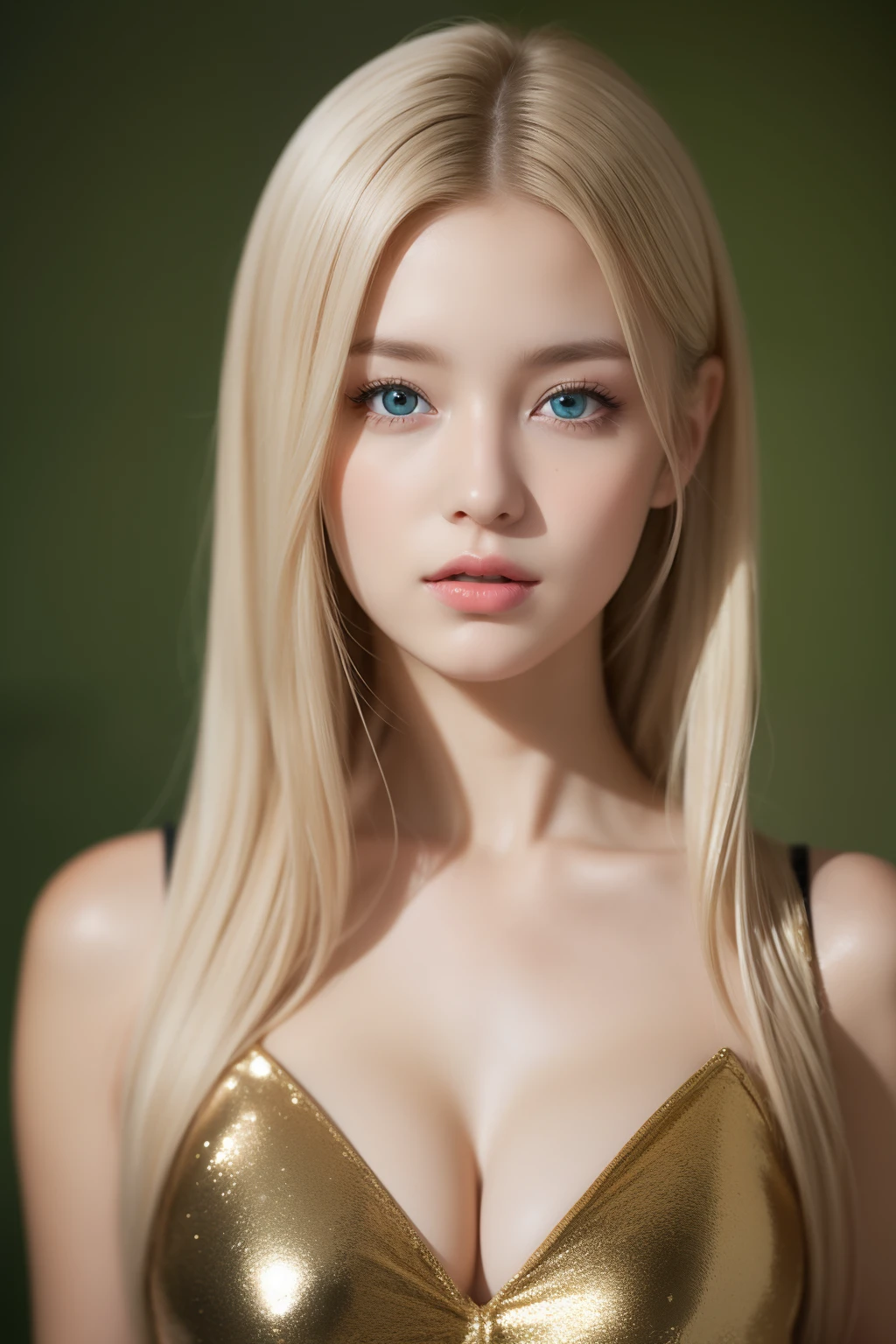 sportrait，A woman of beauty in a fantastic space, Tight micro dress white and gold color, 98k, {{Masterpiece}}, Best quality, High quality:1.4), {{[[front look}}, Photo pose)]], very pretty look face, The eye, cute images, cute images, {{Expose the lateral breasts}},, {{{{slim sexy body}}}}, {{177 cm tall}}, 独奏,  Adorable, Pale skin, {{18to 22 years old German girl}}, look beautiful German girl and blue eyes or green eyes with platinum blonde hair color), Nordic German young girl, {{{{{{{{{{cleavage}}}}}}}}}},