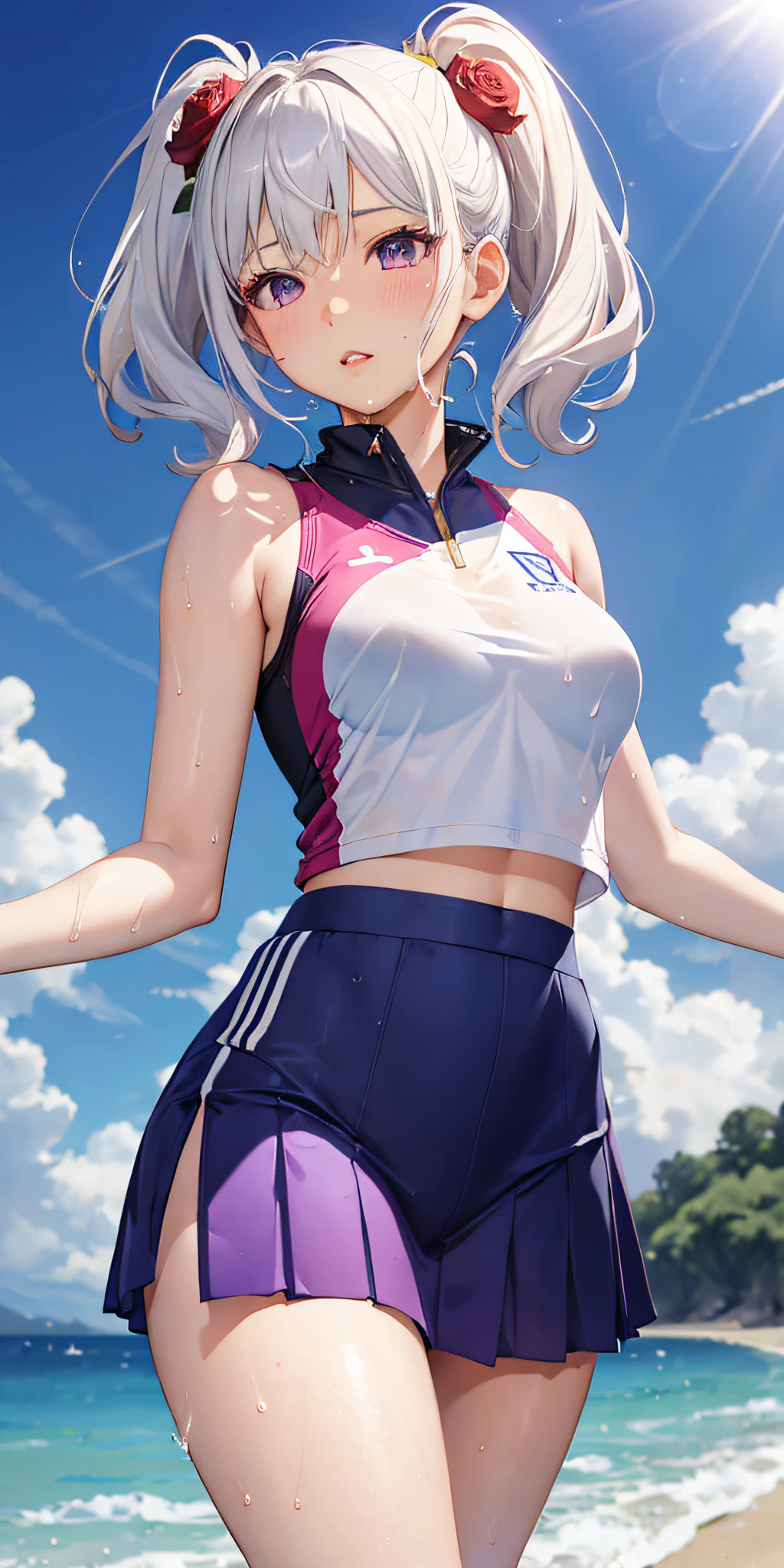 realistic, 1girl, ponytail, parted lips, blush, makeup, light smile, white hair, sportswear, skirt, wet clothes, glow, thighs, purple eye, bare shoulders, collarbone, narrow waist, sunbeam, sunlight, rose, wind, cleavage, (masterpiece), sweat,