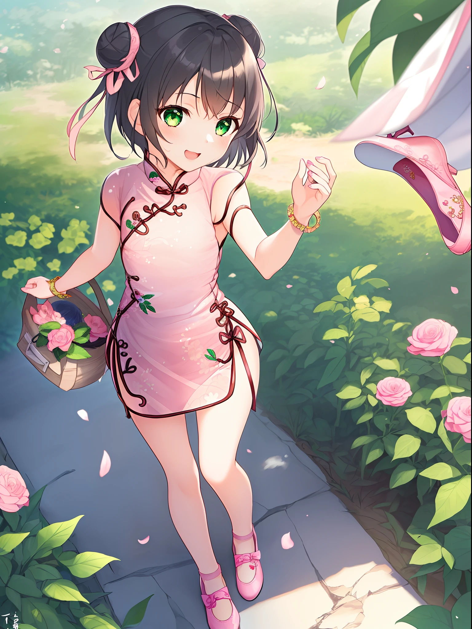1 girl, solo, masterpiece, highres, ultra details, CG quality, cute loli, full body, (black hair:1.3), green eyes, high quality eyes, high quality hands, (twin buns:1.3), (hair ribbons:1.3), (short hair:1.6), (pink short cheongsam:1.6), no sleeves, small breast, silver bangles, white jacquard pantyhose, (pink flat shoes:1.8), (embroidered shoes:1.6), bows on shoes, wandering, delighted, carrying a flower basket, looking around, spinning on tiptoe, forest, high quality background, depth of field