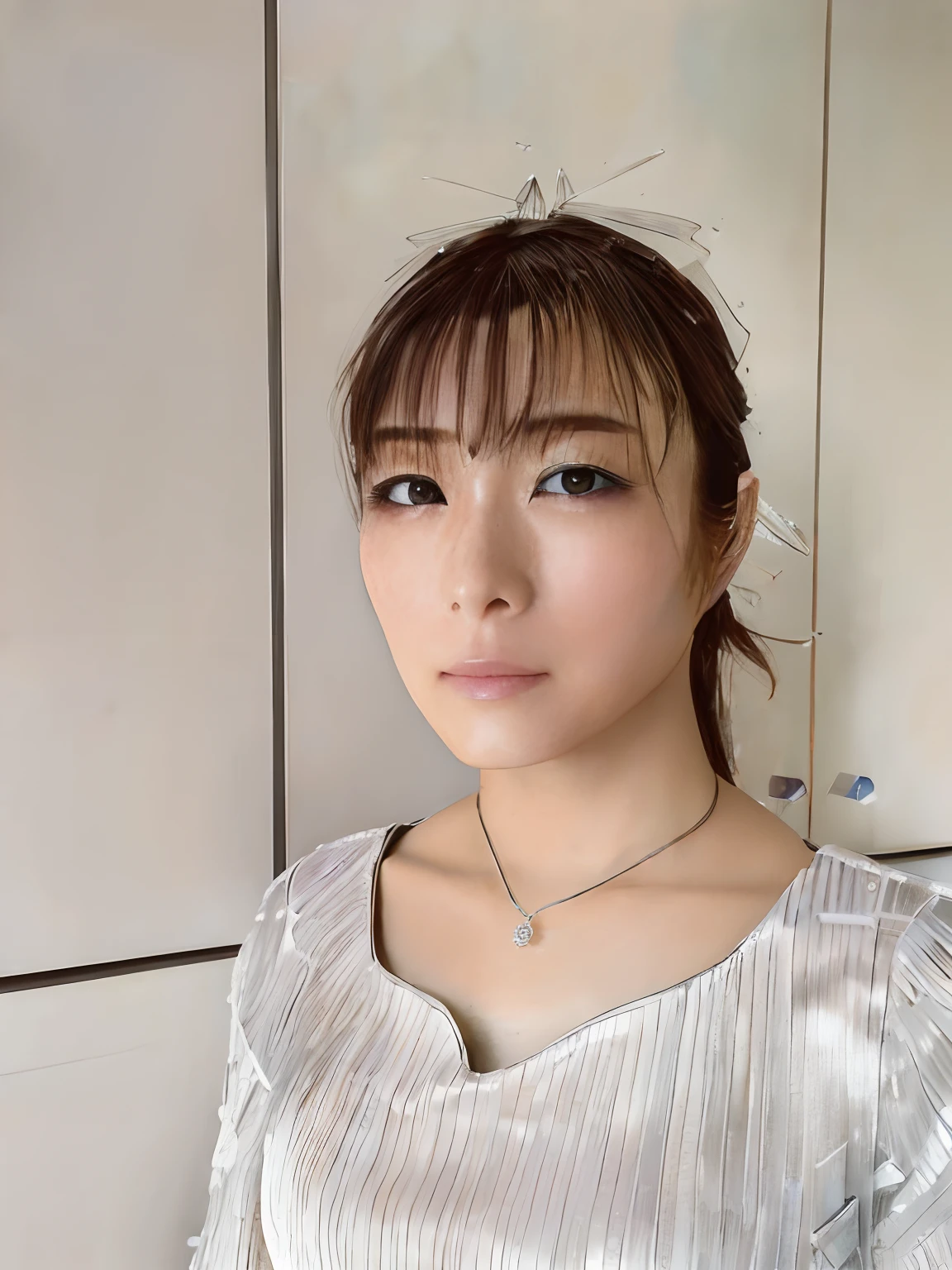 Portrait of a beautiful cyborg with 8k silver hair, messy hair, front view, intricate, elegant, detailed, majestic, digital photography, artgerm and artwork by Ruan Jia and Greg Rutkowski, surreal painting, filigree, broken Glass, (Masterpiece, Sidelight, Delicately Beautiful Brown Eyes: 1.2), HDR, Full Front View