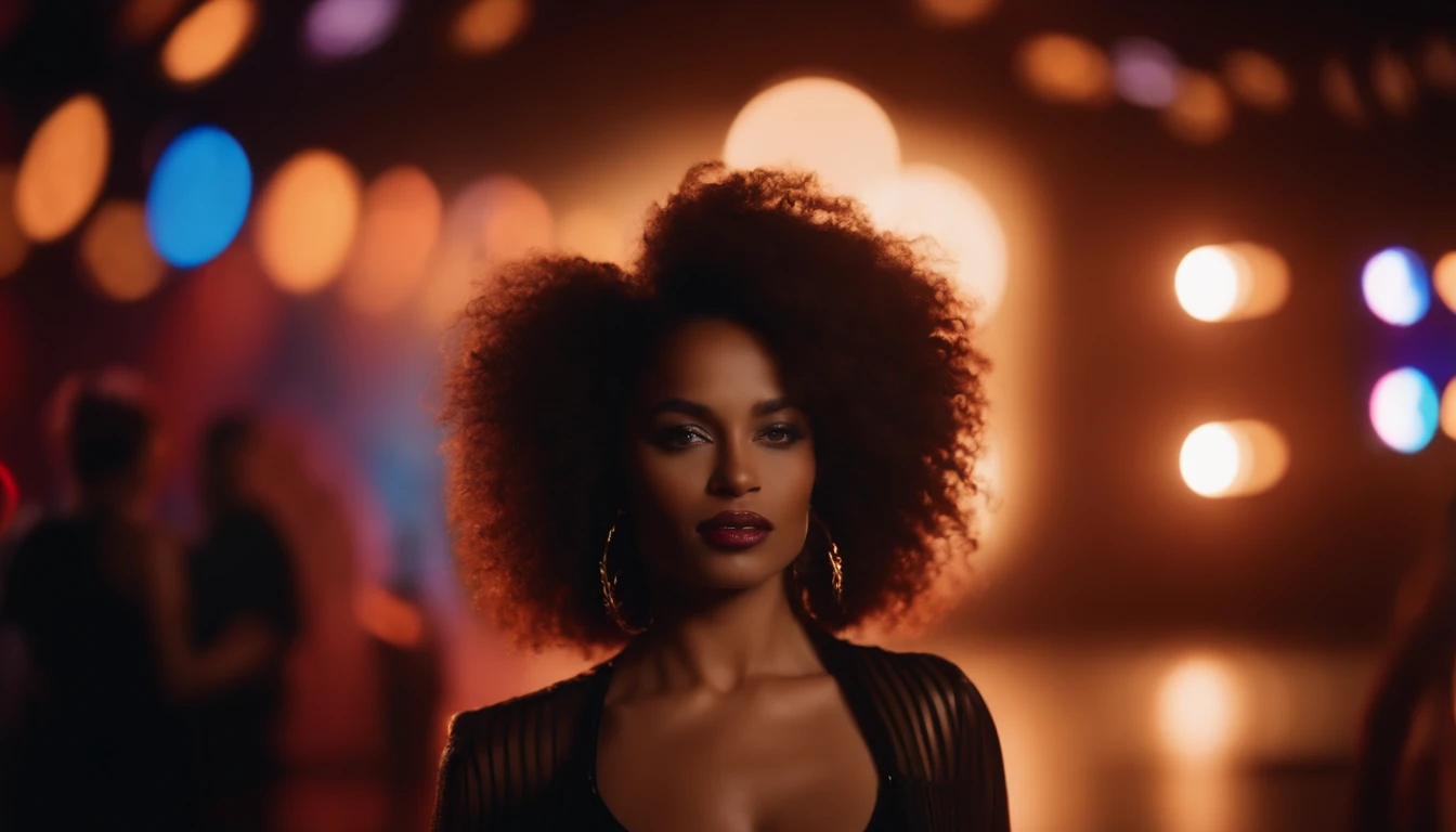 4k, High resolution, La mejor calidad, obra maestra, colores perfectos, perfectamente sombreado, Perfect lighting, mujer hermosa pelo afro style of 80's bola de discoteca Estudio 54.