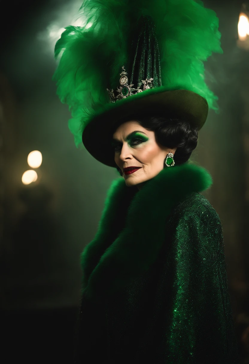 Coco chanel as an evil green undead voodoo witch with white eyes with green fog all around her wearing a fur coat and a feathered rhinestone crown while she’s breathing out green smoke and laughing . Surrounded by demons with red eyes and green skin