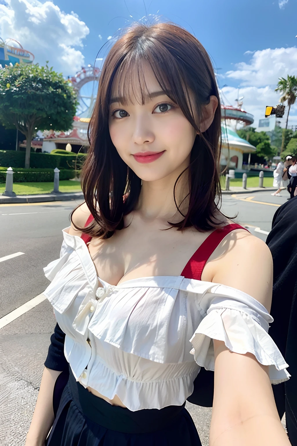 top-quality、超A high resolution、Photorealsitic、1 Idol Girl、with round face、White lace loose shirt emphasizing off-shoulder chest、tight skirts、Amusement park roller coaster in the background、Take a selfie with camera in one hand、Footage taken with your own camera、selfie photo、(Red-brown wavy bob cut hair、Floating hair)、huge-breasted、Selfie close-up、Look at viewers、A smile that makes the viewer happy,