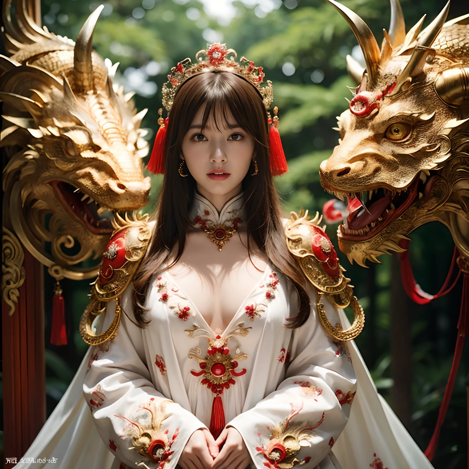 (Fight fiercely with dragons)、top-quality、masterpiece、超A high resolution、(White Dragon Armor)、dragon armor、(Wearing a beautiful crown made of jewels),(Photorealsitic:1.4)、Raw photo、女の子1人、Golden hair、glowy skin、(((Chinese Dragon)))、(Gorgeous Jewelry Necklaces)、(Mystical expression)、(Fight big dragons)、With a beautiful knife、(White Metal Bodysuit)、(beautiful forest background)、Precipitous cliffs、(Small LED)、((super realistic details))、portlate、globalillumination、Shadow、octan render、(One-Eyed Scouter)、8K、ultrasharp、Colossal tits、Raw skin is exposed in cleavage、metals、Details of complex ornaments、Japan details、highly intricate detail、Realistic light、CGSoation Trends、Red Eyes、radiant eyes、Facing the camera、neon details、(Mechanical limbs)、(blood vessels connected to tubes)、Mechanical vertebrae attached to the back、mechanical cervical attaching to neck、(Wires and cables connecting to the head)、Gundam、Small LED、,Mechanical thighs、Toostock、(Hands are also made of machines)、(veils)、
