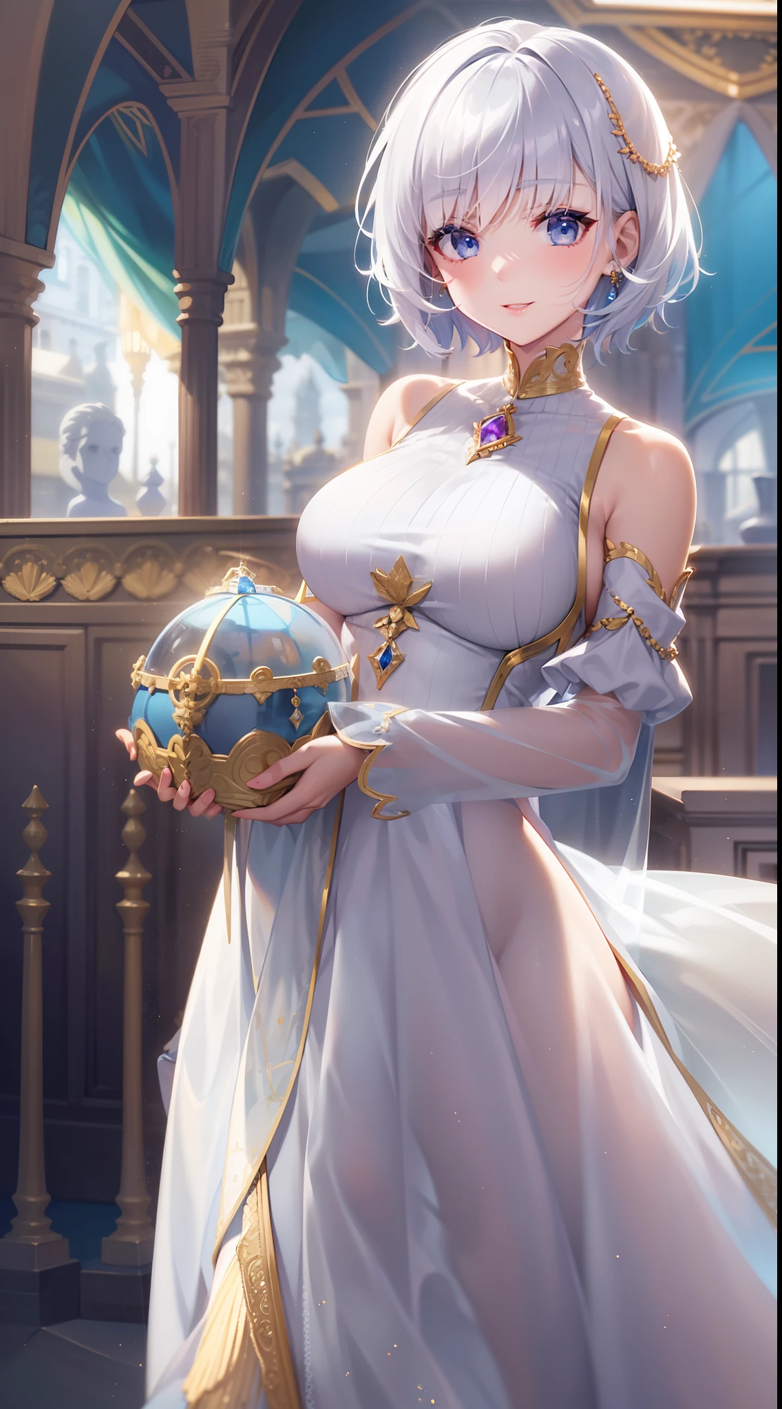 Adult woman, short white hair, blue eyes, ssmile, blue lipstick, The Queen's Transparent Dress, Gold Elements, Sleeveless, big breastes, open breasts, neckline on the chest, hiquality, 4k, HD, Good detail