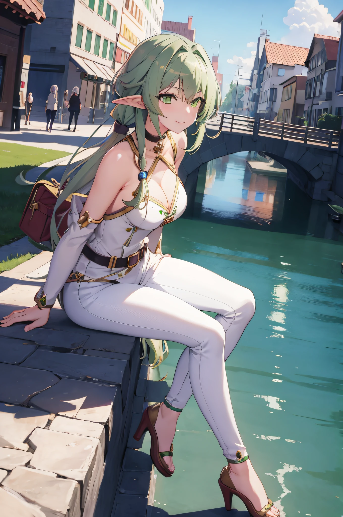 (masterpiece, best quality, detailed) ,1girl, highelfarcher, high elf archer, elf, (green eyes:1.5), (green hair:1.2), hair between eyes, long hair, pointy ears, sidelocks, jeans walking down the street,cute anime girl, pretty anime girl, smooth anime cg art, beautiful anime girl, attractive anime girl, ecchi anime style, seductive anime girl.teasing smile, clean detailed anime art,high resolution, (perfect hands, perfect anatomy),