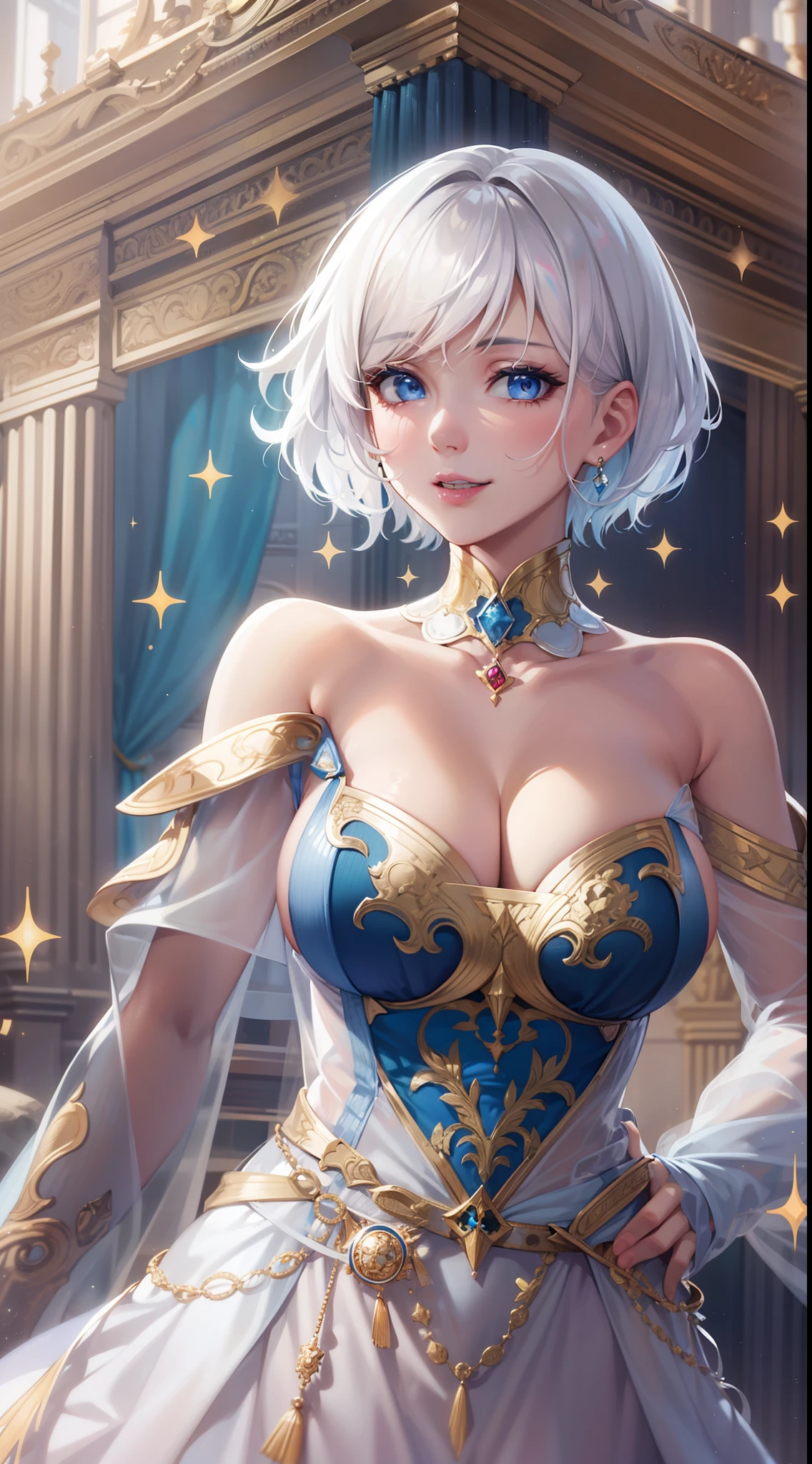 Adult woman, short white hair, blue eyes, ssmile, blue lipstick, The Queen's Transparent Dress, Gold Elements, Sleeveless, big breastes, open breasts, neckline on the chest, hiquality, 4k, HD, Good detail