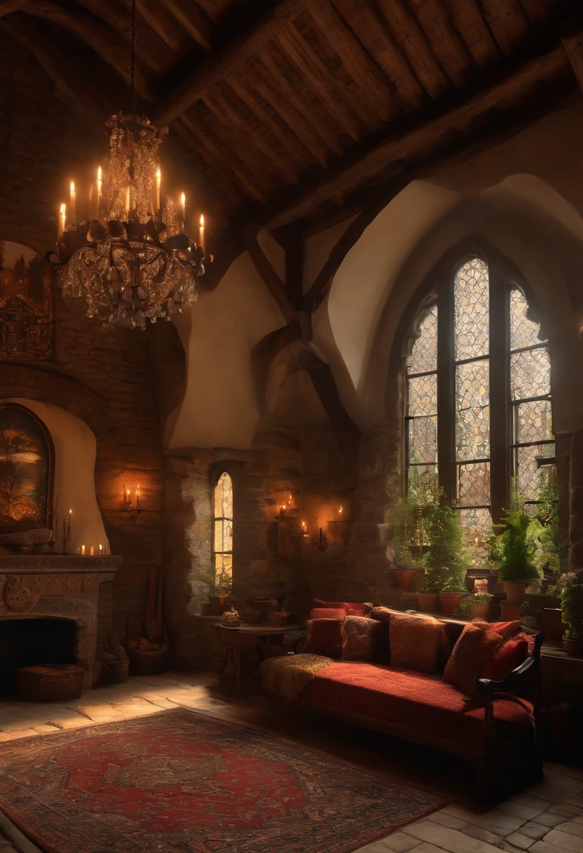 medieval house interior, wide room, (best quality,4k,8k,highres,masterpiece:1.2),ultra-detailed, vivid colors, physically-based rendering, crackling fireplace, warm candlelight, aged wooden furniture, ornate decorations, tapestries hanging on the walls, stone walls and arches, heavily beamed ceilings, light streaming through stained glass windows, soft flickering shadows, One hanging chandelier in the middle, antique rugs covering the stone floor, plush velvet curtains hanging in the windows, a coffee desk in the middle of the room, old paintings depicting knights and castles, an inviting armchair next to the fireplace, bouquet of dried flowers on a wooden side table, exposed brickwork.