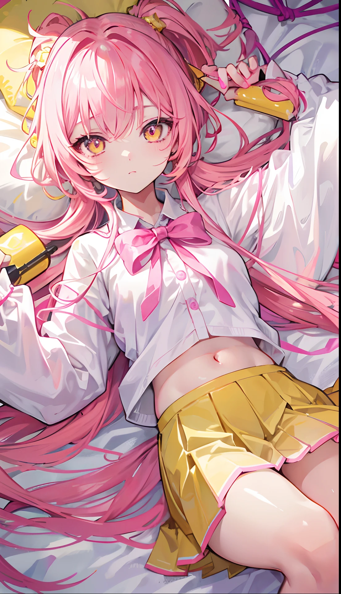 Glowing light pink yellow with hair and pupils，They are also fluorescent，A school uniform in a glowing pink, yellow and white color，Very tender and shiny face，It also fluoresces，The whole is shining，It's a sweet li girl