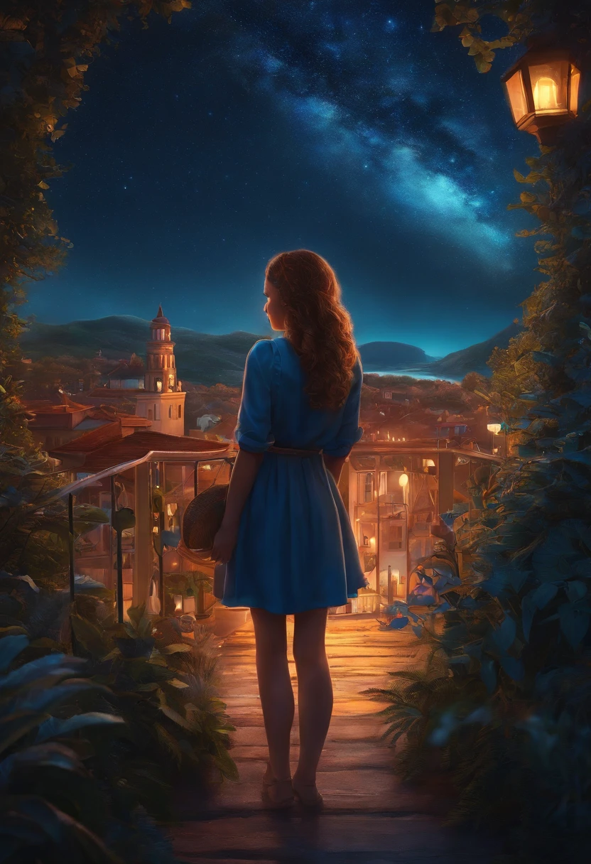 Colourfull illustration, starry nights, mesmerizing, girl looking at the sky, highly detailed, Pixar, fantasy art, DreamWorks, highly detailed, 8k, cinematic