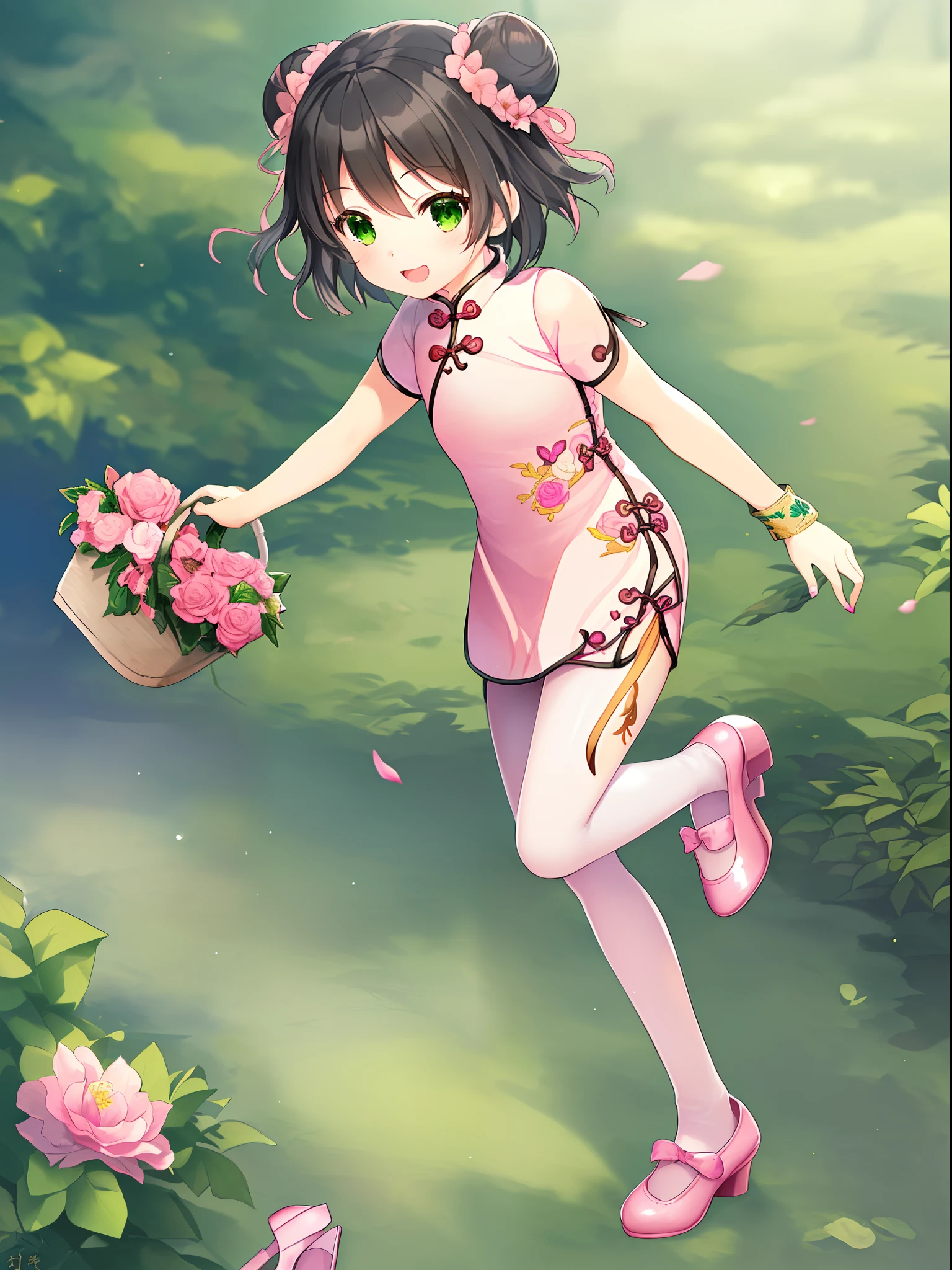 1 girl, solo, masterpiece, highres, ultra details, CG quality, cute loli, full body, (black hair:1.3), green eyes, high quality eyes, high quality hands, (twin buns:1.3), (hair ribbons:1.3), (short hair:1.6), (pink short cheongsam:1.6), no sleeves, small breast, silver bangles, white jacquard pantyhose, (pink flat shoes:1.8), (embroidered shoes:1.6), bows on shoes, wandering, delighted, carrying a flower basket, looking around, spinning on tiptoe, forest, high quality background, depth of field