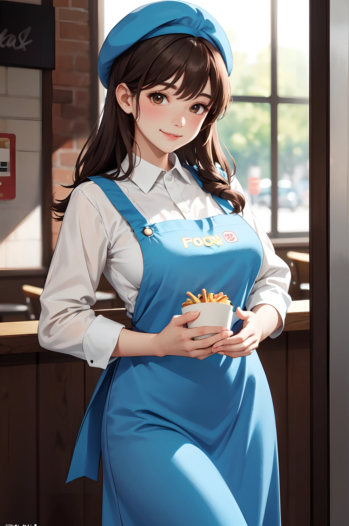 1lady solo standing, /(staff uniform/) apron beret, /(brown hair/) bangs, blush kind smile, (masterpiece best quality:1.2) delicate illustration ultra-detailed, large breasts BREAK /(fast food restaurant/), detailed background