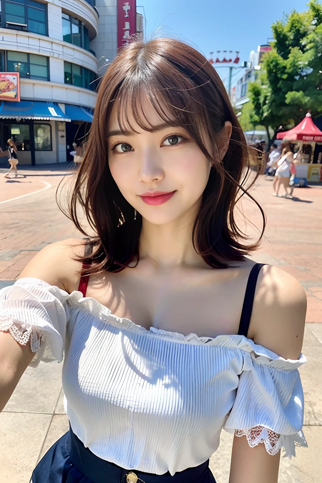 masutepiece, Best Quality, Illustration, Ultra-detailed, finely detail, hight resolution, 8K Wallpaper, Perfect dynamic composition, Beautiful detailed eyes, doress,Medium Hair, mid-chest, Natural Color Lip, Random and sexy poses,Smile,Aoyama Street Walk、20 years girl、Colossal tits、Too much exposure、No shoulder knitwear(orange colors)、Exposing the chest、Slid
