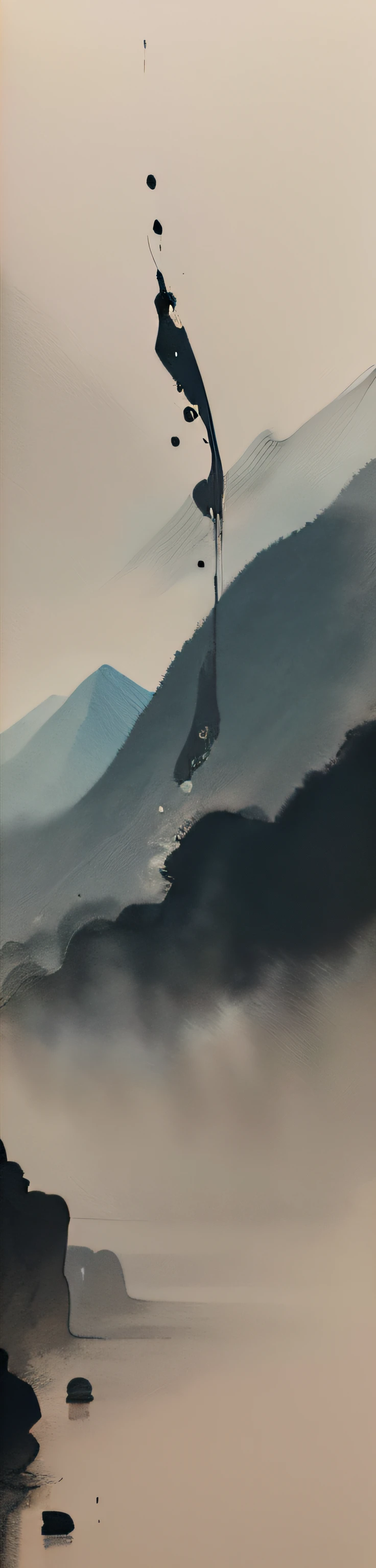 ink and watercolor painting,Traditional Chinese Ink Painting,black-gray-white tones,,((Ink bleeding paint)),A little coffee color,Portrait image,Drawing on rice paper,(30 from top%is empty),Low mountains々Mountains of々,A white crescent moon is floating,Foggy,The tree々