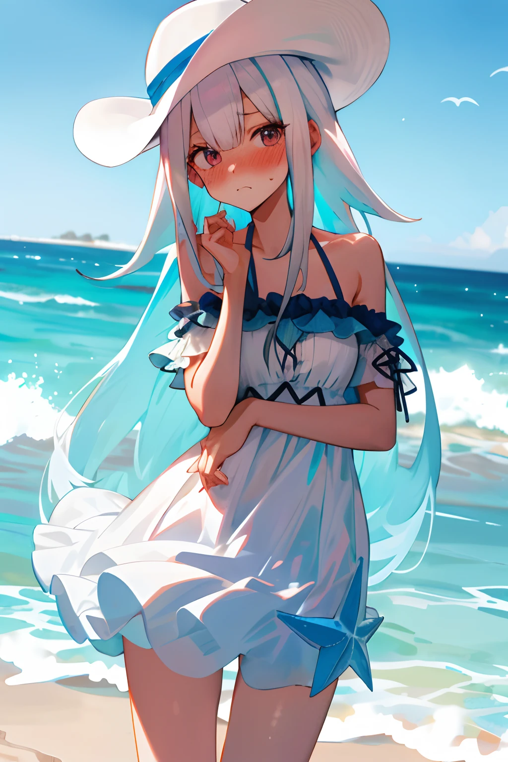 index, index, (green eyes:1.5), silver hair, long hair, (flat chest:1.2),white hat,白色ロングskirt一体型ワンピース,barefoot,skirt,naked neck,bare clavicle,bare shoulders,bare arms,happy smile, smile, open your mouth,beachのsandy beachを散歩しながら、Silver hair fluttering in the breeze, sunset,evening,The sun is setting,
break looking at viewer, Upper body, whole body,(cowboy shot:1. 5)
break outdoors, beach,sandy beach,
break (masterpiece:1.2), highest quality, High resolution, unity 8k wallpaper, (figure:0.8), (detailed and beautiful eyes:1.6), highly detailed face, perfect lighting, Very detailed CG, (perfect hands, perfect anatomy),