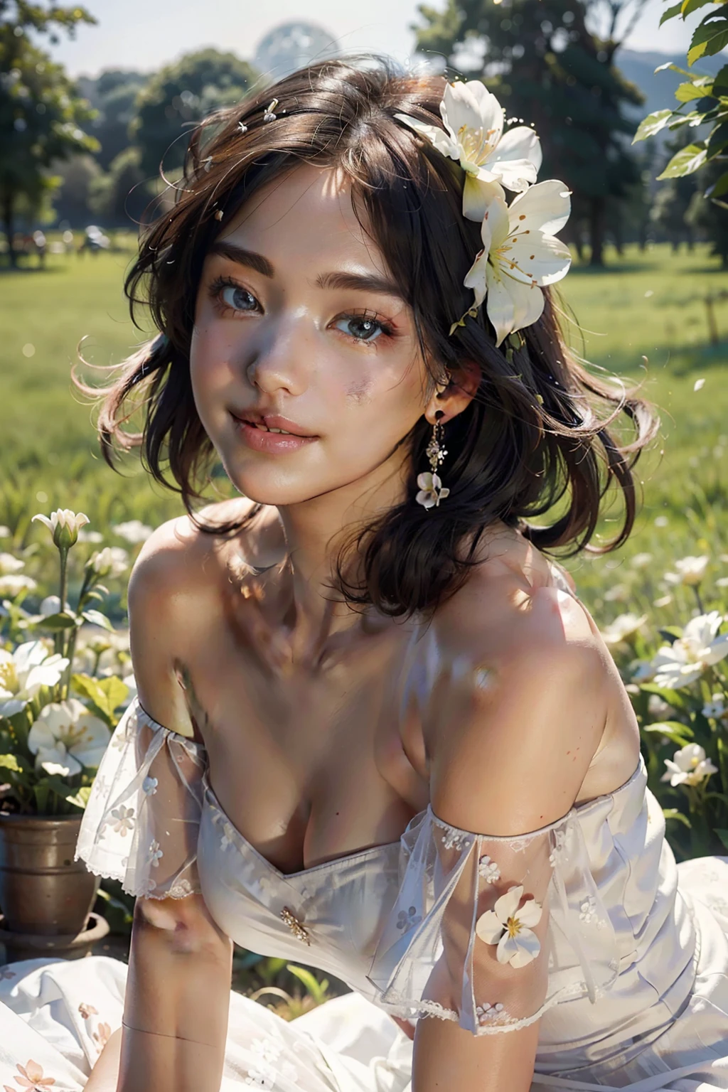 Realistic, photorealistic, cute fairy, in big magic flowers, (18 years), (detailed beautiful face), nude, (extremely sexy), pleasure, small breasts, perfect adult body, portrait, expression enjoyment, Masterpiece, amazing eyes, pleasure aura, fantasy aesthetic, cinematic lighting, little smile, fine facial traits, Slim physique, (depth of field), cinematic