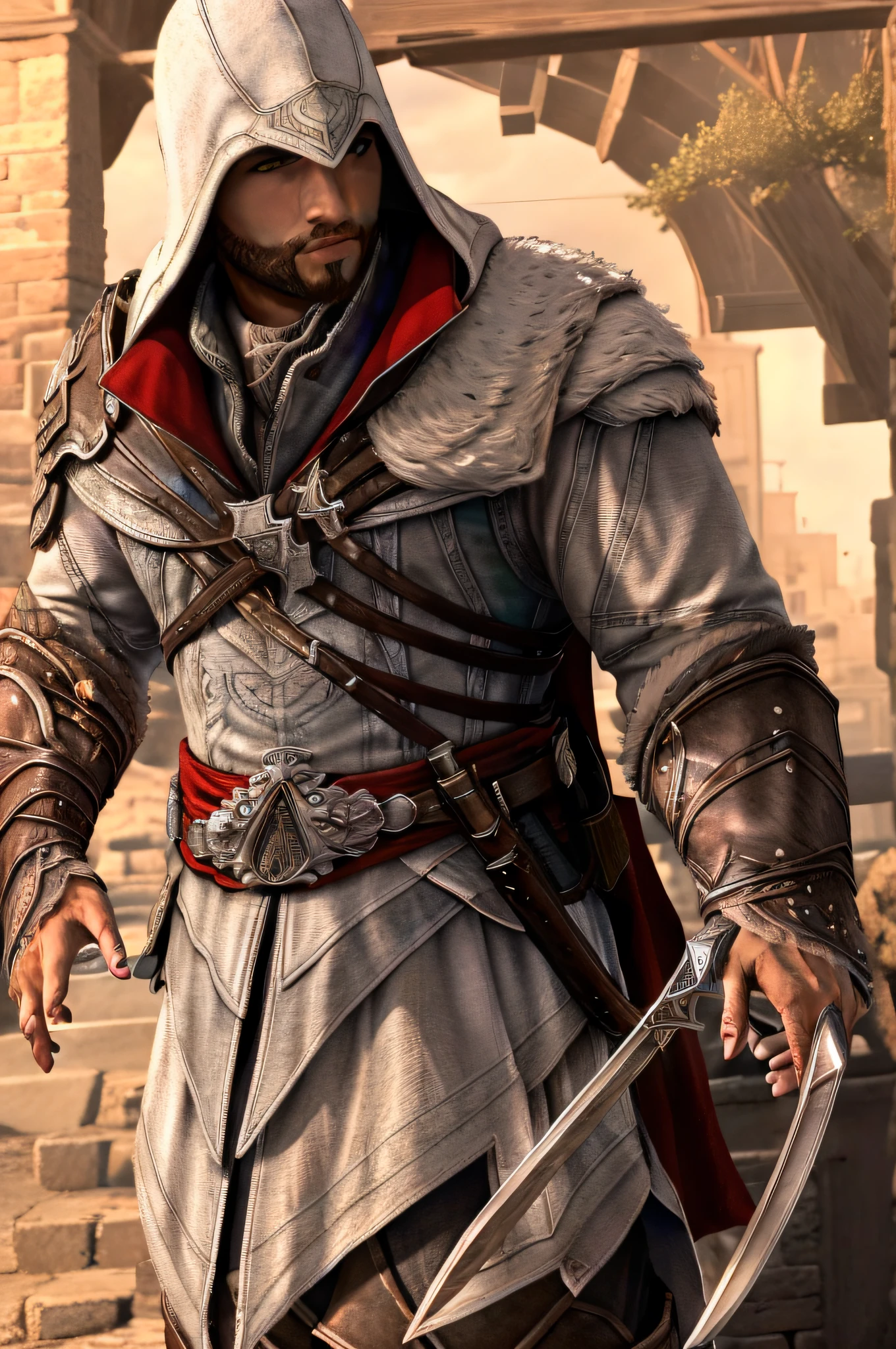 (masterpiece, top quality, best quality, official art, detailed:1.2),ezio_soul3142, solo, 1boy, weapon, male focus, hood, armor, facial hair, blade, beard, realistic, vambraces, manly