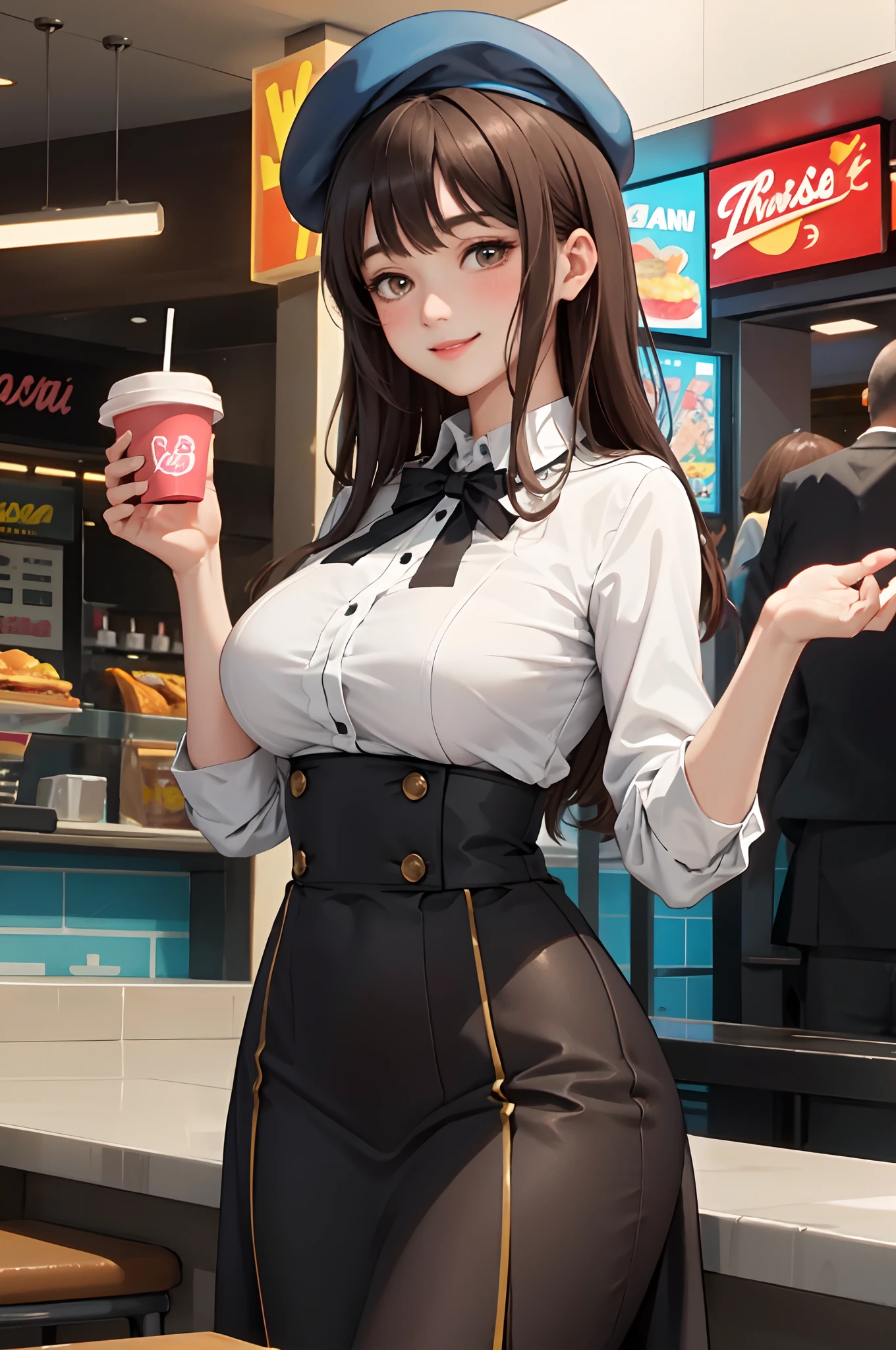 obra maestra, Of the highest quality, high resolution, junkotvv
tiro de vaquero, vista frontal,
Atractivo escote de cajero de mcdonalds maduro, mcdonalds, Edge lighting,
1 chica, alone, pelo largo y negro, red eyes, pechos medianos, orejas de gato
Mirando al espectador,
hermoso rostro, Hermosos y detallados ojos rojos., Cuerpo hermoso, Hermosos pechos, Hermosos muslos,