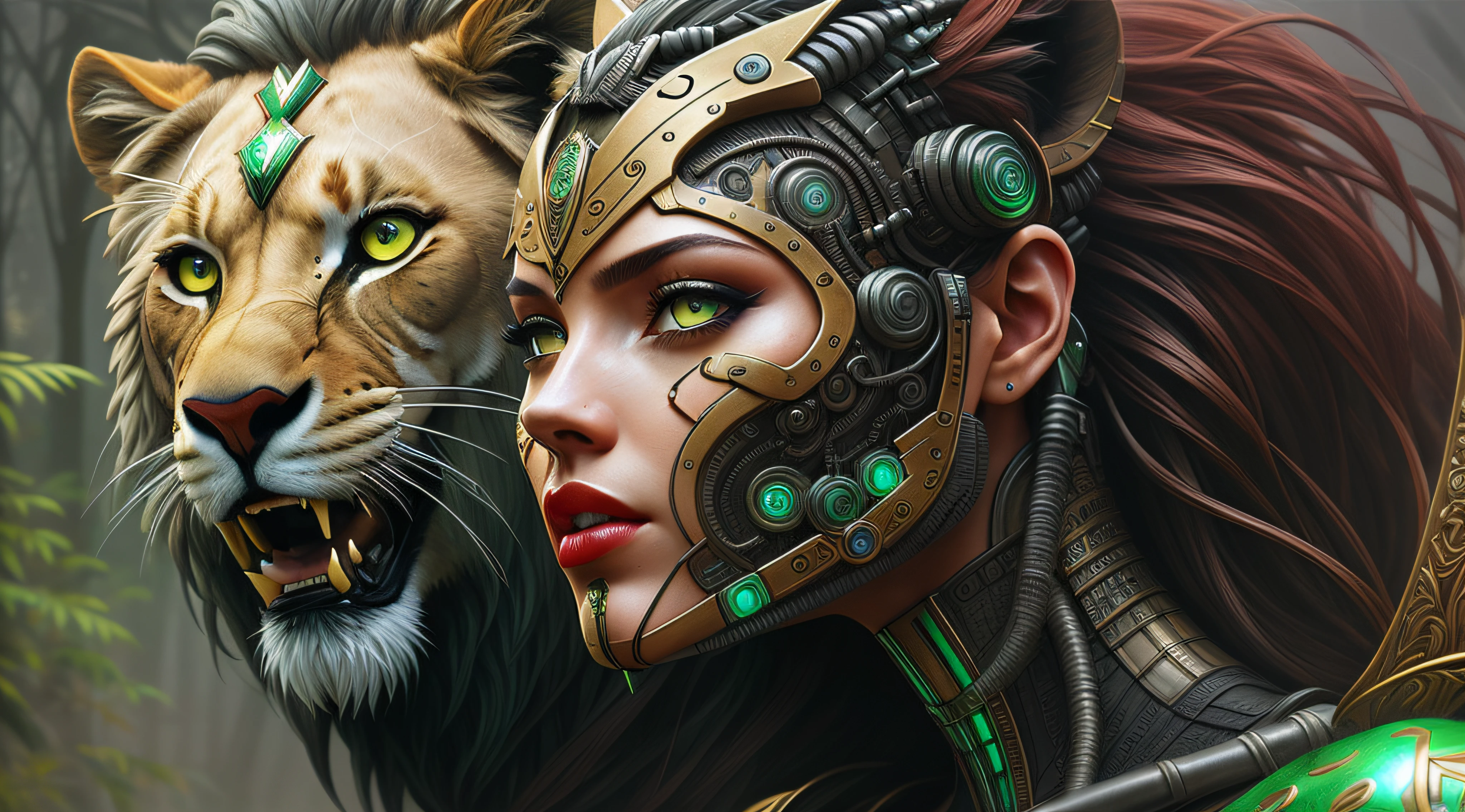 there is a statue of a woman (Adriana Lima :1.1) red lips, green eyes and a lion with green eyes, 4k highly detailed digital art, great digital art with details, 4k detailed digital art, portrait of a cyborg queen, amazing detail digital art, karol bak uhd, 4 k detail fantasy, detailed fantasy digital art, highly detailed digital artwork, highly detailed digital art, detailed digital 3d art
