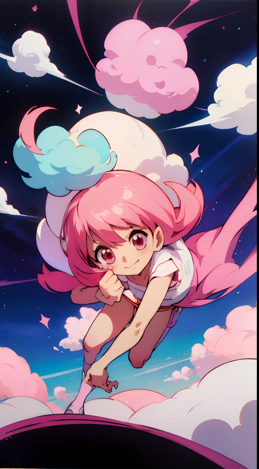 concept art, concept art book, manga page, novel art, lewd, erotic. seductive pose, chibi, small, micro, cloudium, clouds, cloud seeds, cloudium seeds, cloud bush, simple, cute, smily face, white circle happy, silly, adorable, farm, candy, sugar, cotton candy, pink hair, pink eyes, navel, thighs, panties, holding cotton candy, blasting cotton candy, explosion, nebula, white magic stars,cum