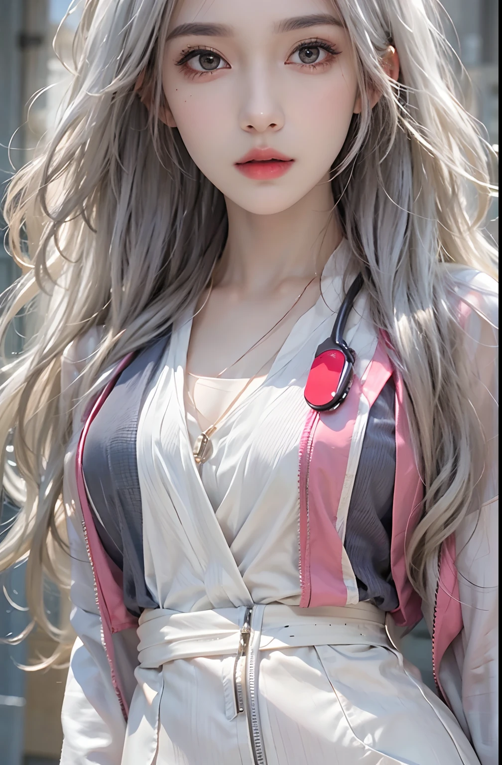 photorealistic, high resolution, 1 women, solo, hips up, look at viewer, (detailed face), white hair, Long Hair, doctor outfit