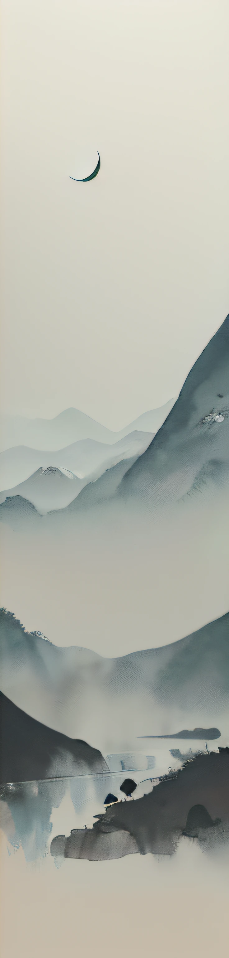 ink and watercolor painting,Traditional Chinese Ink Painting,black-gray-white tones,,((Ink bleeding paint)),A little coffee color,Portrait image,Drawing on rice paper,(30 from top%is empty),Low mountains々Mountains of々,A white crescent moon is floating,Foggy,The tree々
