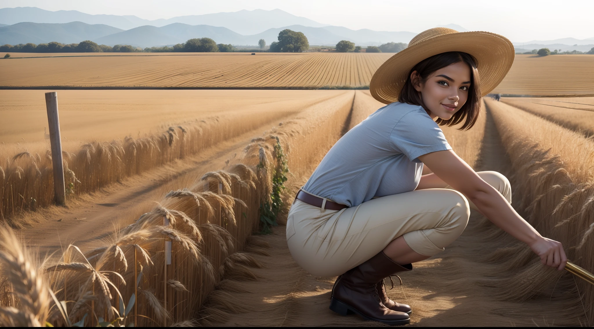 masterpiece, best quality,1girl,young girl,brown eyes,short hair,evil smile,shiny skin,(nice leg line:1.3),thick thighs,thin waist,huge breasts BREAK Farmer, A simple cotton shirt and pants, worn leather boots, and a wide-brimmed straw hat. Dirt stains cover the clothes and hands, A vast golden wheat field under a clear blue sky, The farmer is harvesting the ripe wheat with a scythe, Swinging the scythe in a rhythmic motion, expertly cutting down the wheat stalks, A content and satisfied smile, expressing pride in their hard work and the abundance of the harvest. BREAK , Jazz_club,,crowd,depth of field,looking at viewer,squatting,from above,full body,legsupsexms, lo, ( Looking at the camera )
