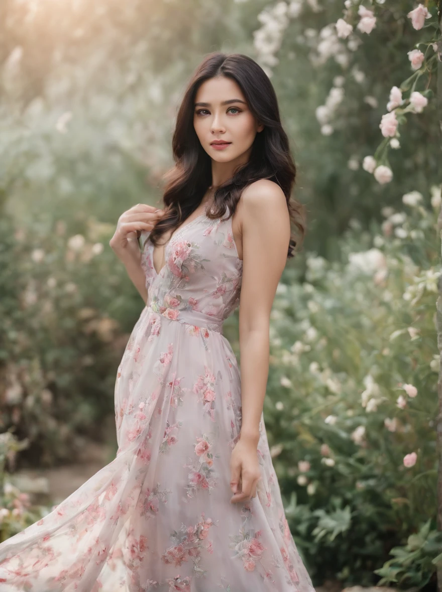 ( high quality photography) Indonesia women, flowing long colorful pastel dress, black hair,the body surrounded of flowers, stand and posing fantasy on flowers garden, depth blur, bokeh, 300 DPI, Enchanting Atmosphere, photo, 8k, dynamic action,