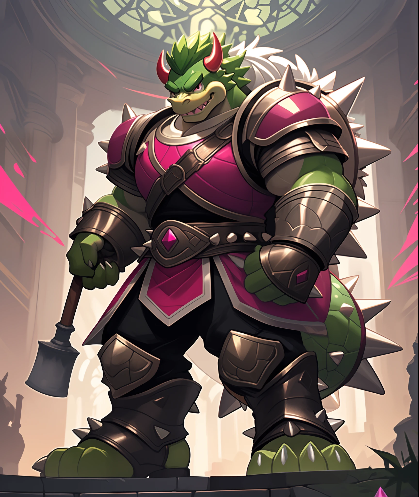 Bowser, vivid red scales, light light green shell, fuchsia spikes, white helm with black and fuchsia, and light light green armor with fuchsia gem, also has a giant hammer, masterpiece, best quality